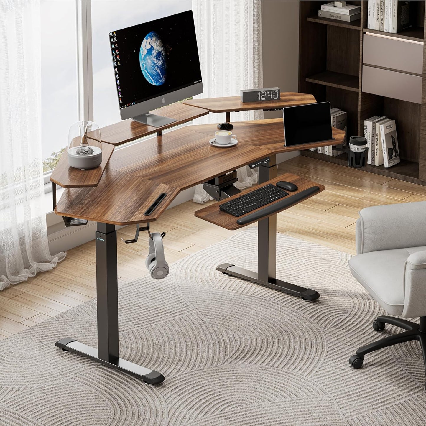 Standing Desk Electric Adjustable Height Desk, Computer Desk W Keyboard Tray 72" Gaming Desk Music Studio Desk Sit Stand up Desk LED Monitor Stand,Dual Motor,Slot Design,Walnut