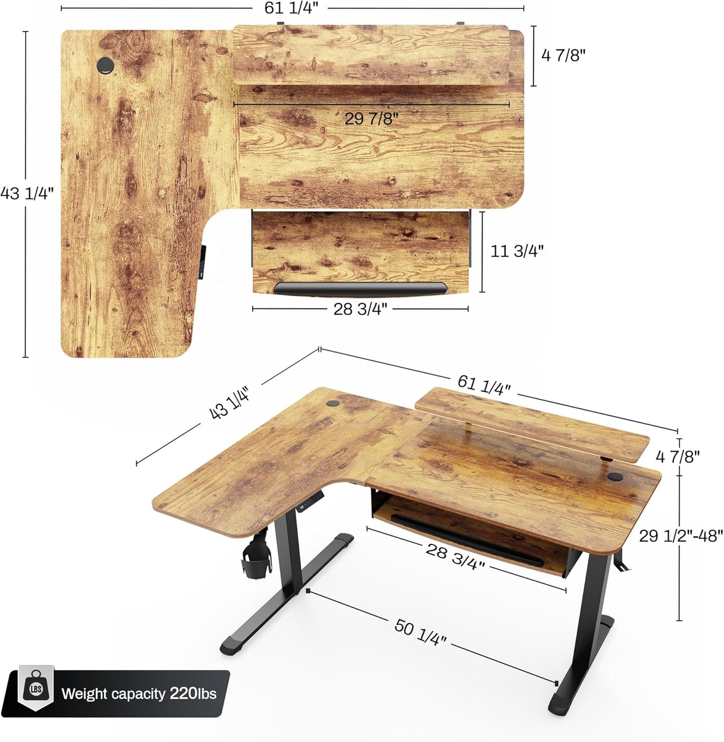 Standing Desk with Keyboard Tray, Computer Desk, 61" L Shaped Electric Adjustable Height Desk W Monitor Stand LED, Corner Sit Stand Desk Gaming Desk, Dual Motor,Left/Rustic Brown