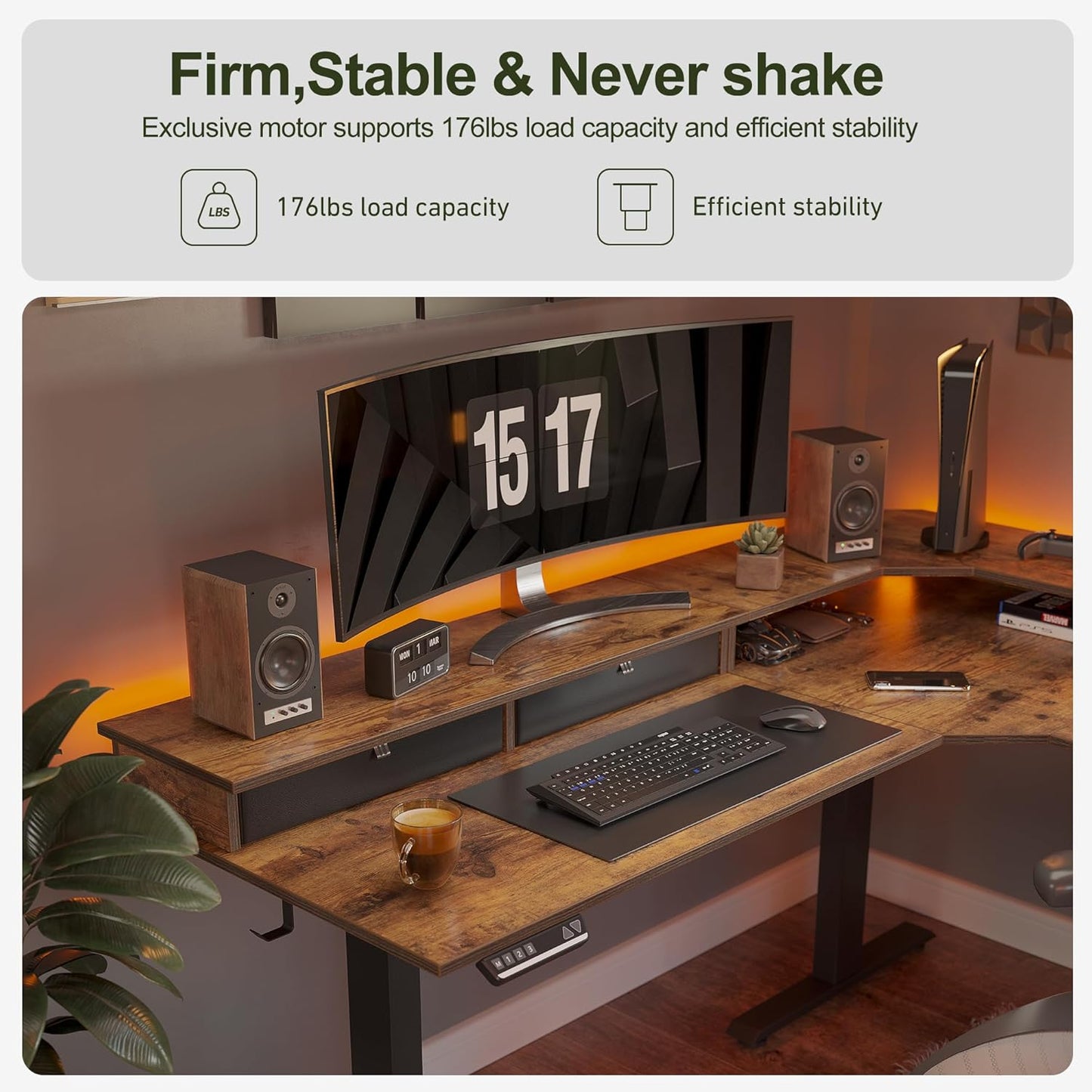 Triple Motor 63" L-Shape Standing Desk with 3 Drawers, Height Adjustable Electric Standing Game Table, Corner Standing Table, Home Office Standing Table, Rustic Brown Top