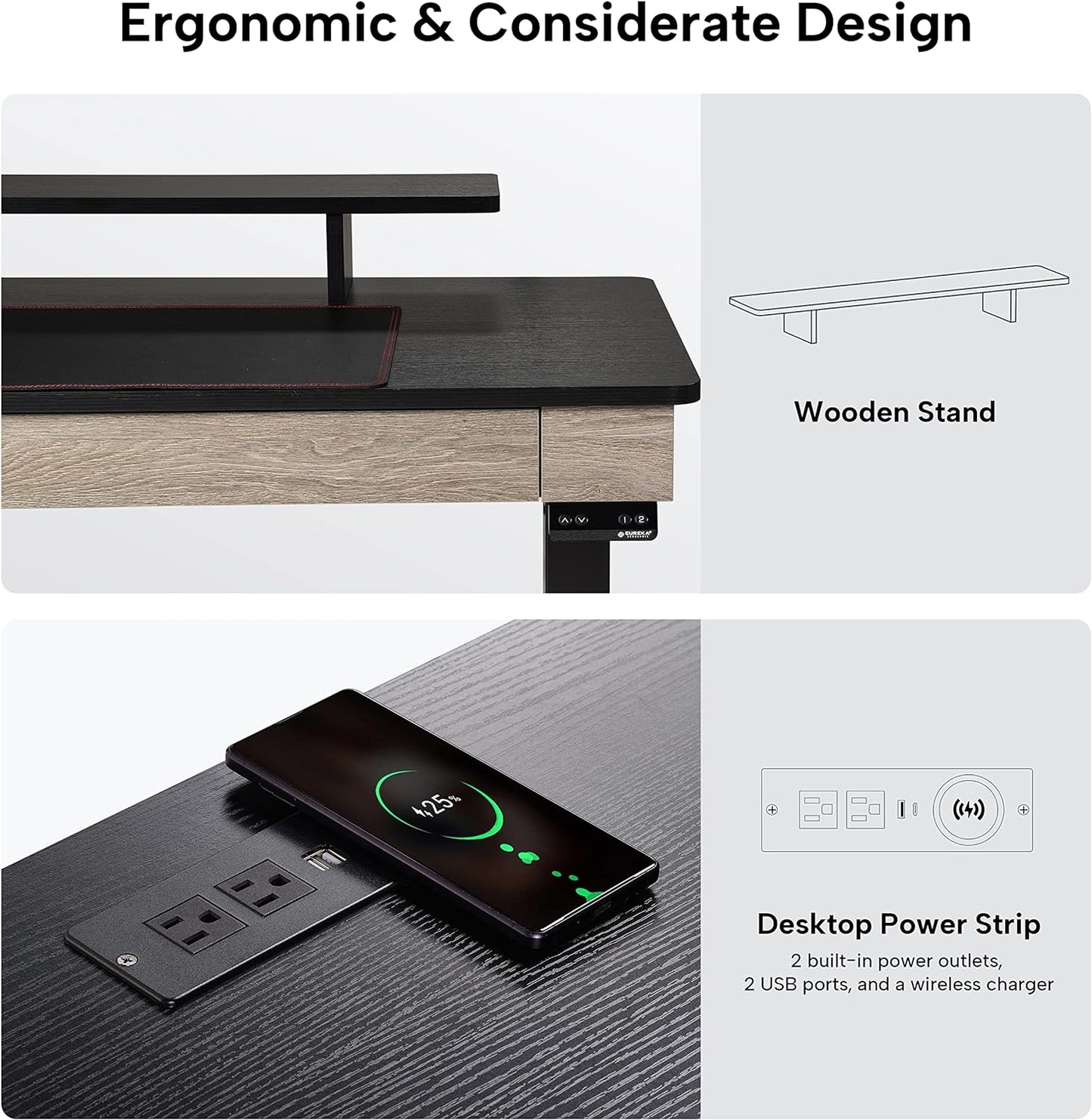 Electric Standing Desk with Drawers, 55 Inch Dual Motor Height Adjustable Stand up Desk for Home Office with Built-In Outlet, Wireless Charger, USB Port, Oak Grey