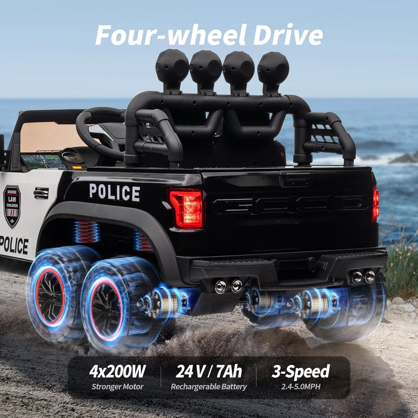 24V Kids Electric Police Car, 4WD 2 Seater Powered Ride on Toy Truck with Remote, Megaphone