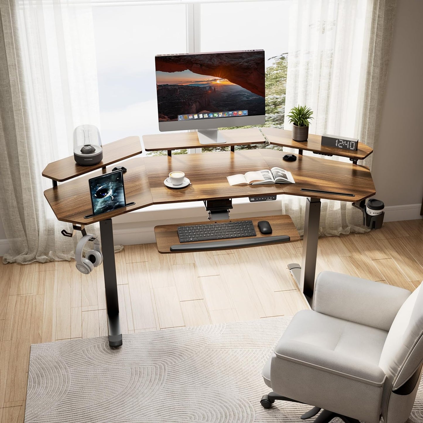 Standing Desk Electric Adjustable Height Desk, Computer Desk W Keyboard Tray 72" Gaming Desk Music Studio Desk Sit Stand up Desk LED Monitor Stand,Dual Motor,Slot Design,Walnut