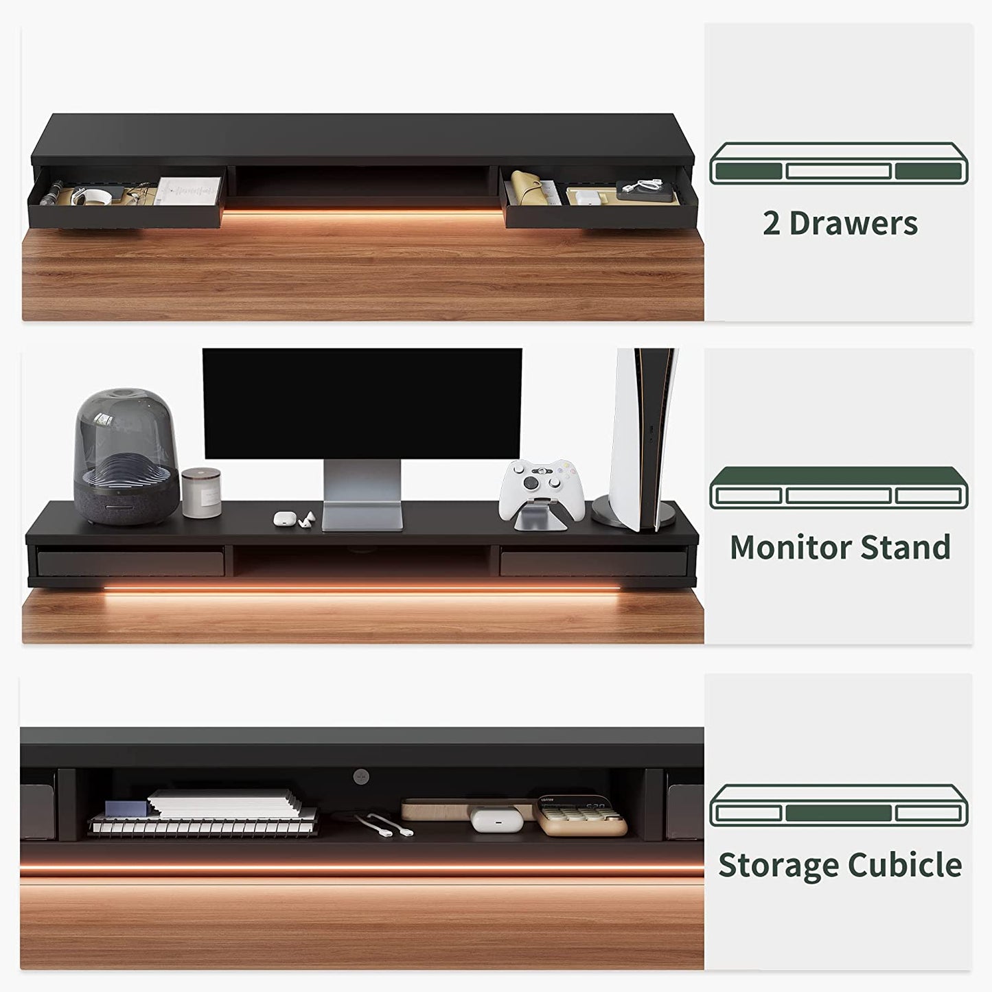 48 X 24 Inch Height Adjustable Electric Standing Desk with Double Drawers, Stand up Desk with LED Strips, Sit Stand Desk with Monitor Stand, Black Walnut