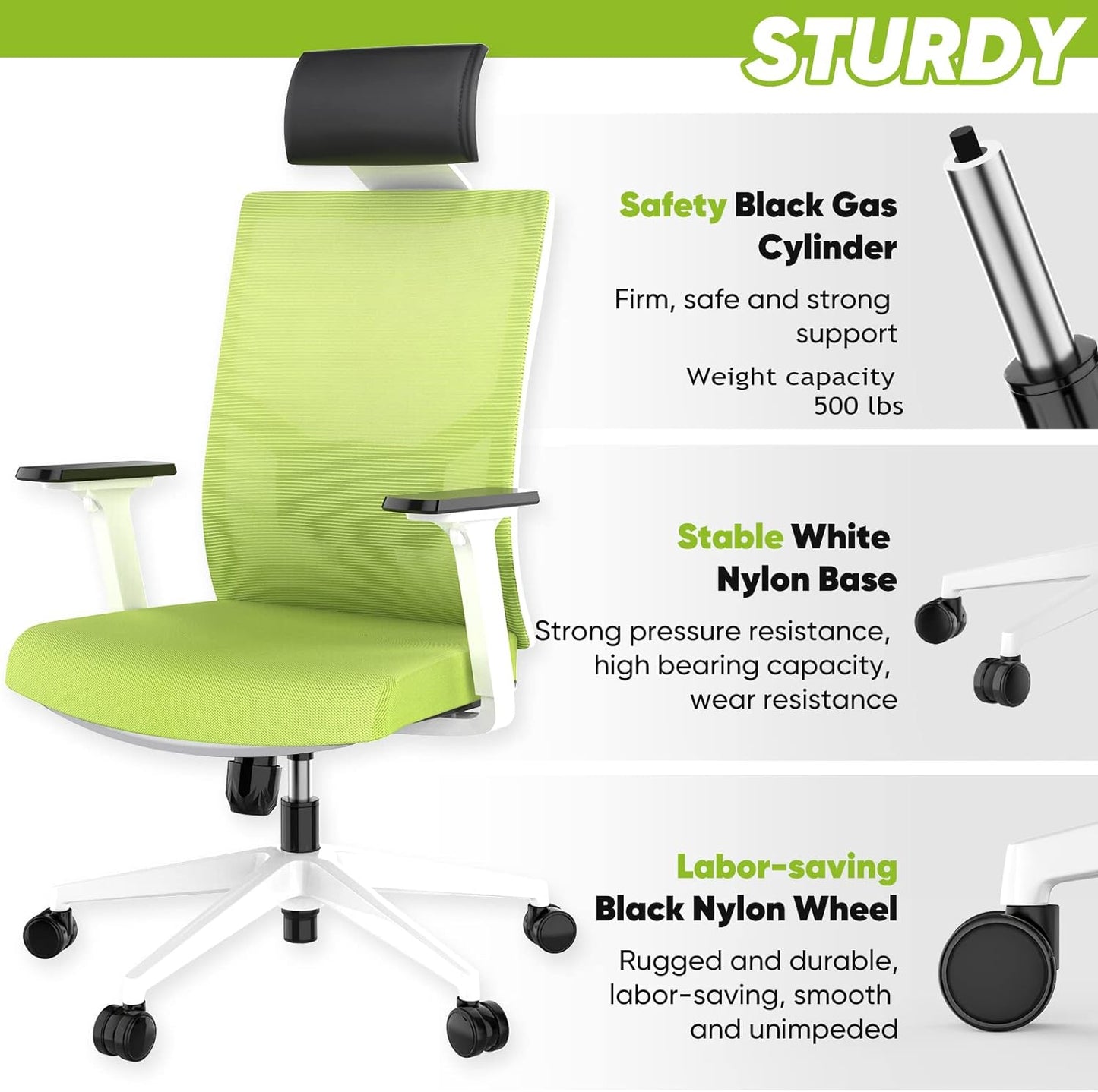 Ergonomic Office Chair, Home Office Desk Chairs Flip up Arms with Wheels Adjustable Armrest Mesh High Back Lumbar Headrest Support for Adults Green Comfy Swivel Big Tall Executive, Green