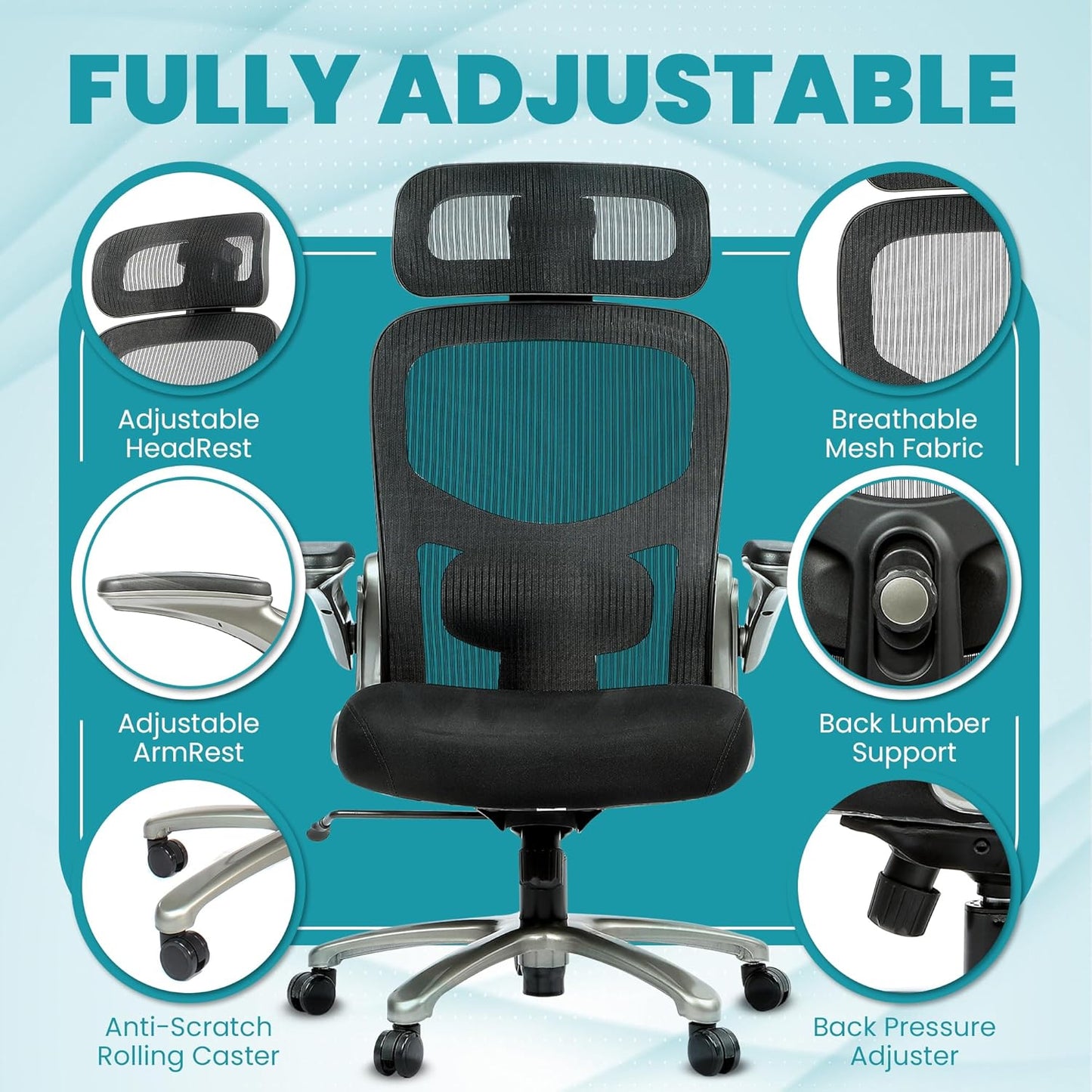 500 Lbs Rated Ergonomic Big and Tall, Flip-Up Arms, Mesh Swivel Office Chair with anti Scratch Wheels, Mesh Executive Chair (Black with Headrest)