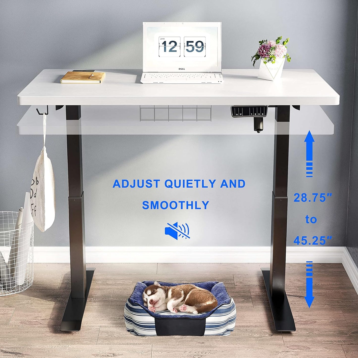 Electric Standing Desk Adjustable Height Desk, 40 X 24 Inches Stand up Desk, Ergonomic Design Home Office Desk, Sit Stand Desk with Splice Board/Black Frame/White Top