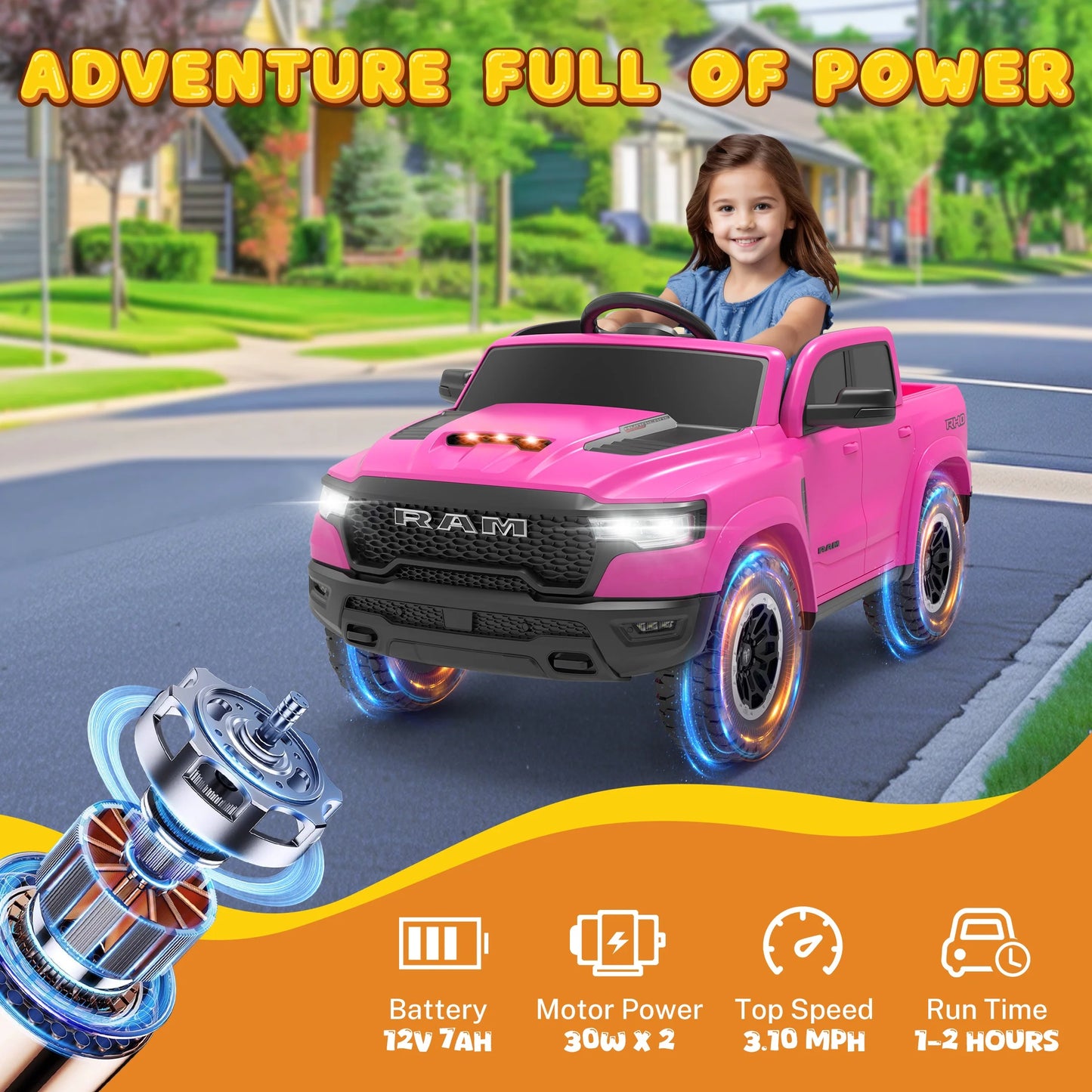 RAM Ride on Car, 12V Powered Ride on Toy with Remote Control, 4 Wheel Suspension, 5 Point Safety Belt, MP3 Player, Bluetooth, LED Lights, Electric Cars for 3-8 Years Boys Girls