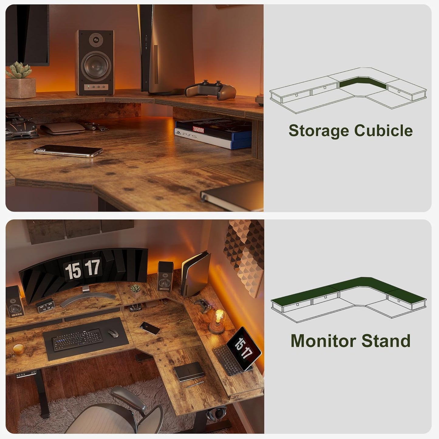 Triple Motor 63" L-Shape Standing Desk with 3 Drawers, Height Adjustable Electric Standing Game Table, Corner Standing Table, Home Office Standing Table, Rustic Brown Top