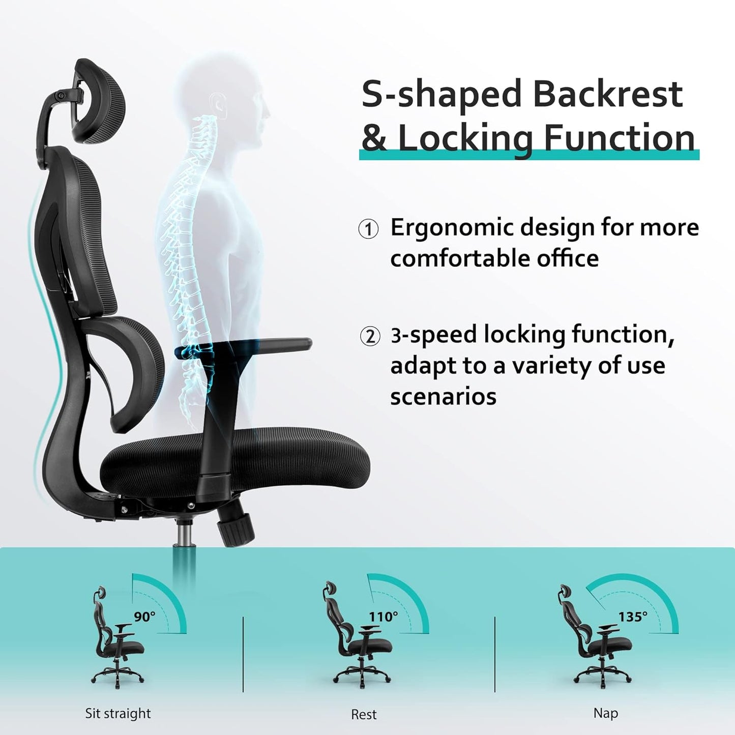 Ergonomic Office Chair, Home Desk Chair, Comfy Breathable Mesh Task High Back Thick Cushion Computer Chair with Headrest and 3D Armrests, Adjustable Height Home Gaming Chair (Black)