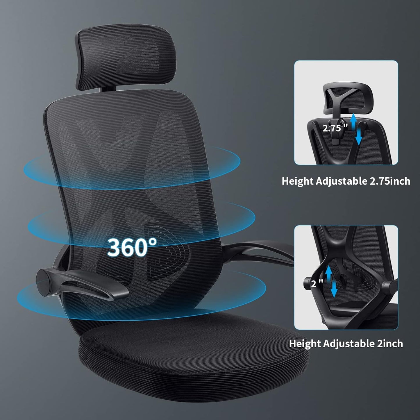 Home Office Chair Ergonomic Desk Chair High Back Flip-Up Arms Reclining Computer Chair with Adjustable Lumbar Support/Headrest Rocking Function Breathable High Elasticity Mesh, Black