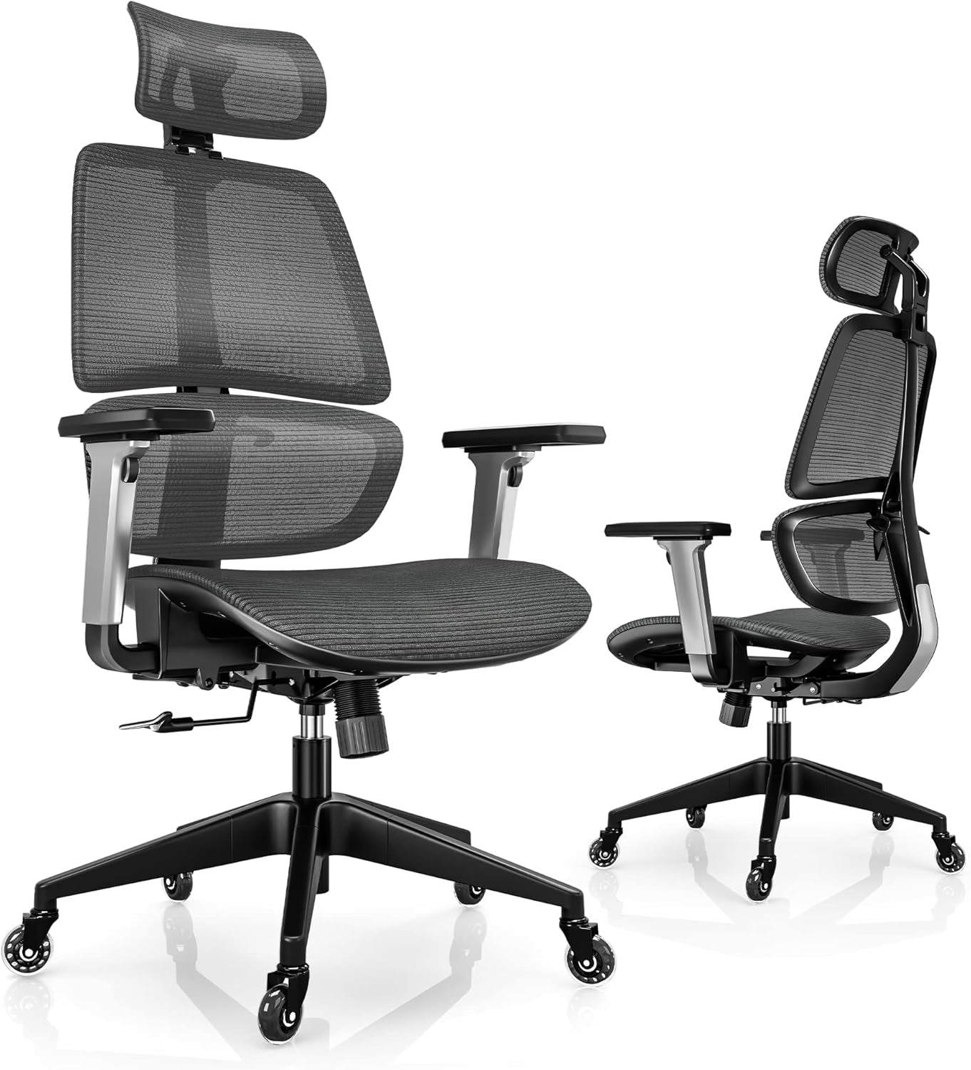 High-Back Office Chair, Swivel Ergonomic Task Chair with Adjustable Headrest and Arms, Lumbar Support and PU Wheels, Computer Mesh Chair for Home Office, Grey
