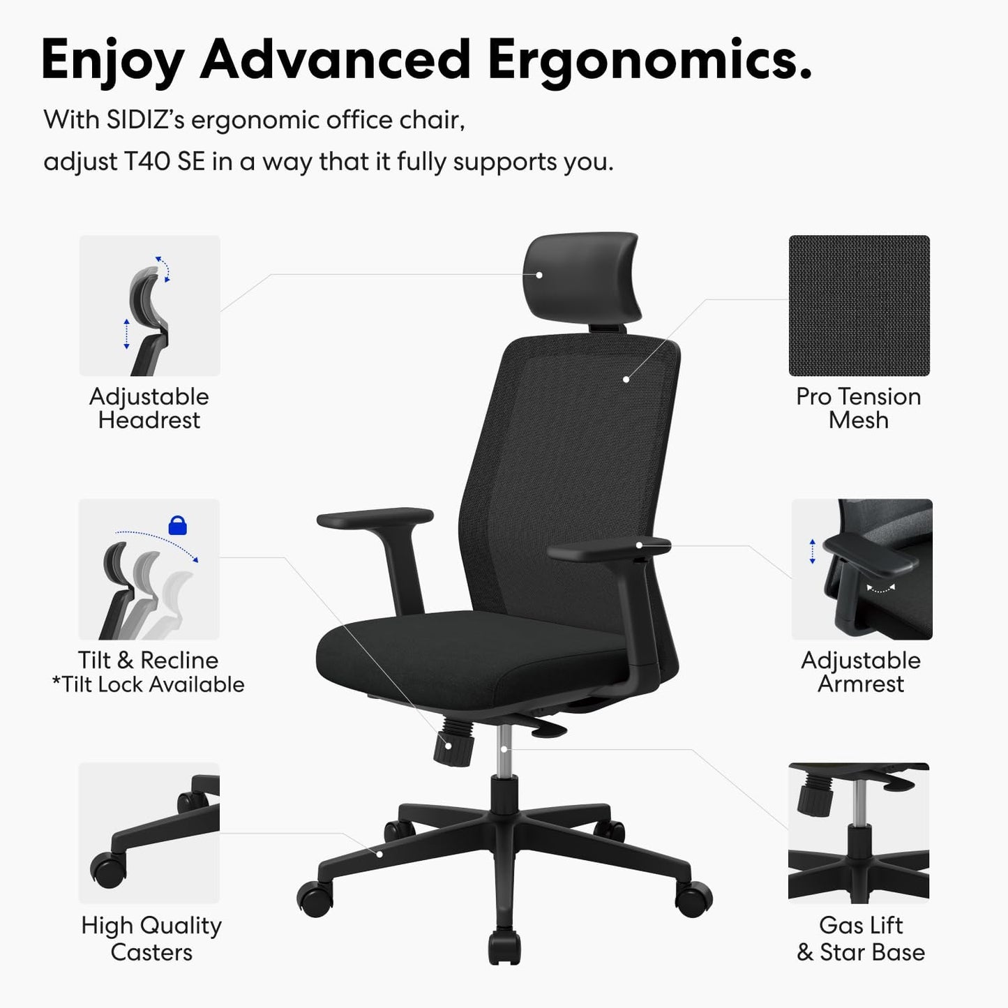 T40 SE Ergonomic Office Chair : Comfortable Home Office Chair for Light Users with Reclining Tilt Lock, Headrest, 3D Armrests, Mesh Back Computer Desk Chair, Alternative Gaming Chair (Black)