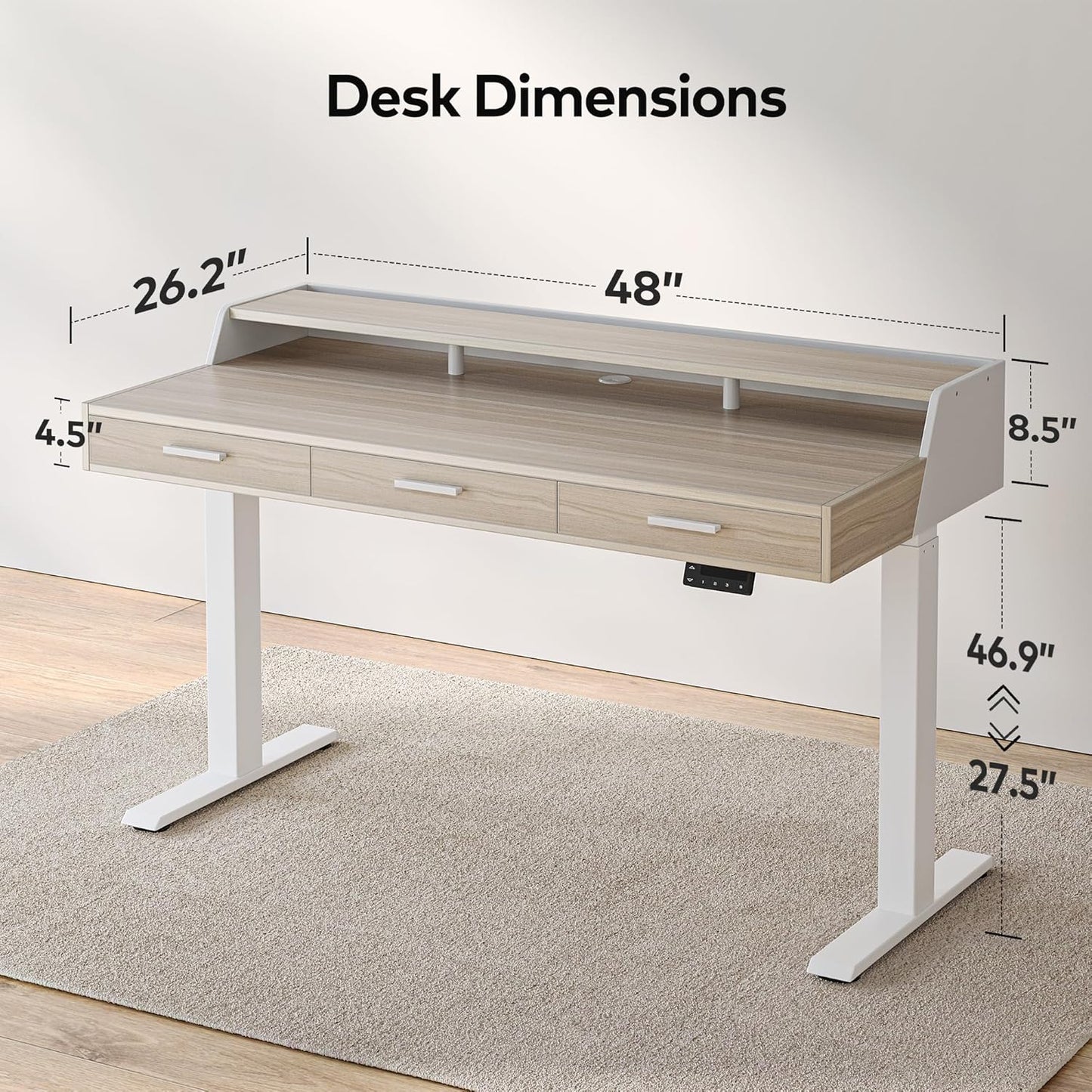 Electric Standing Desk with Drawers, 48X24 Inch Standing Desk Adjustable Height, Stand up Desk with Monitor Shelf, Sit Stand Home Office Desk, Light Walnut