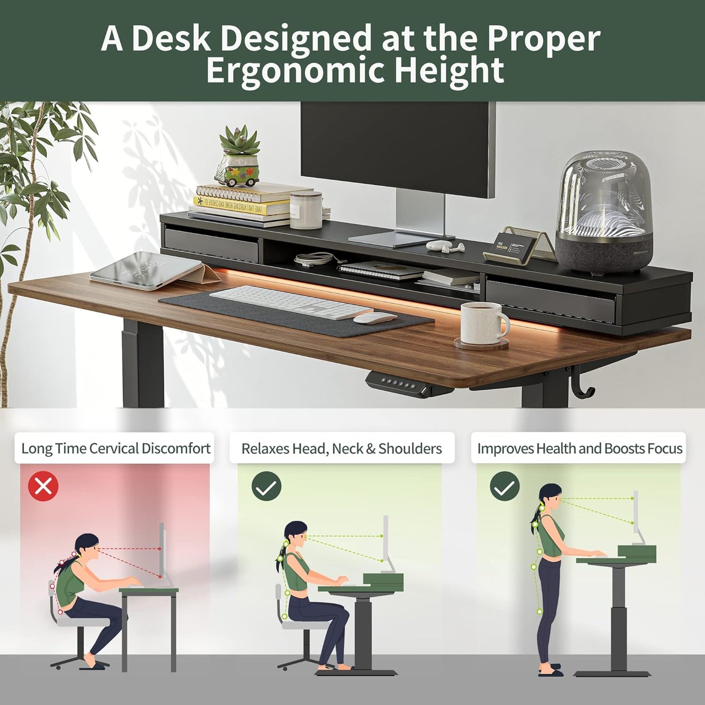 55 X 24 Inch Height Adjustable Electric Standing Desk with Double Drawers, Stand up Desk with LED Strips, Sit Stand Desk with Monitor Stand, Black Walnut