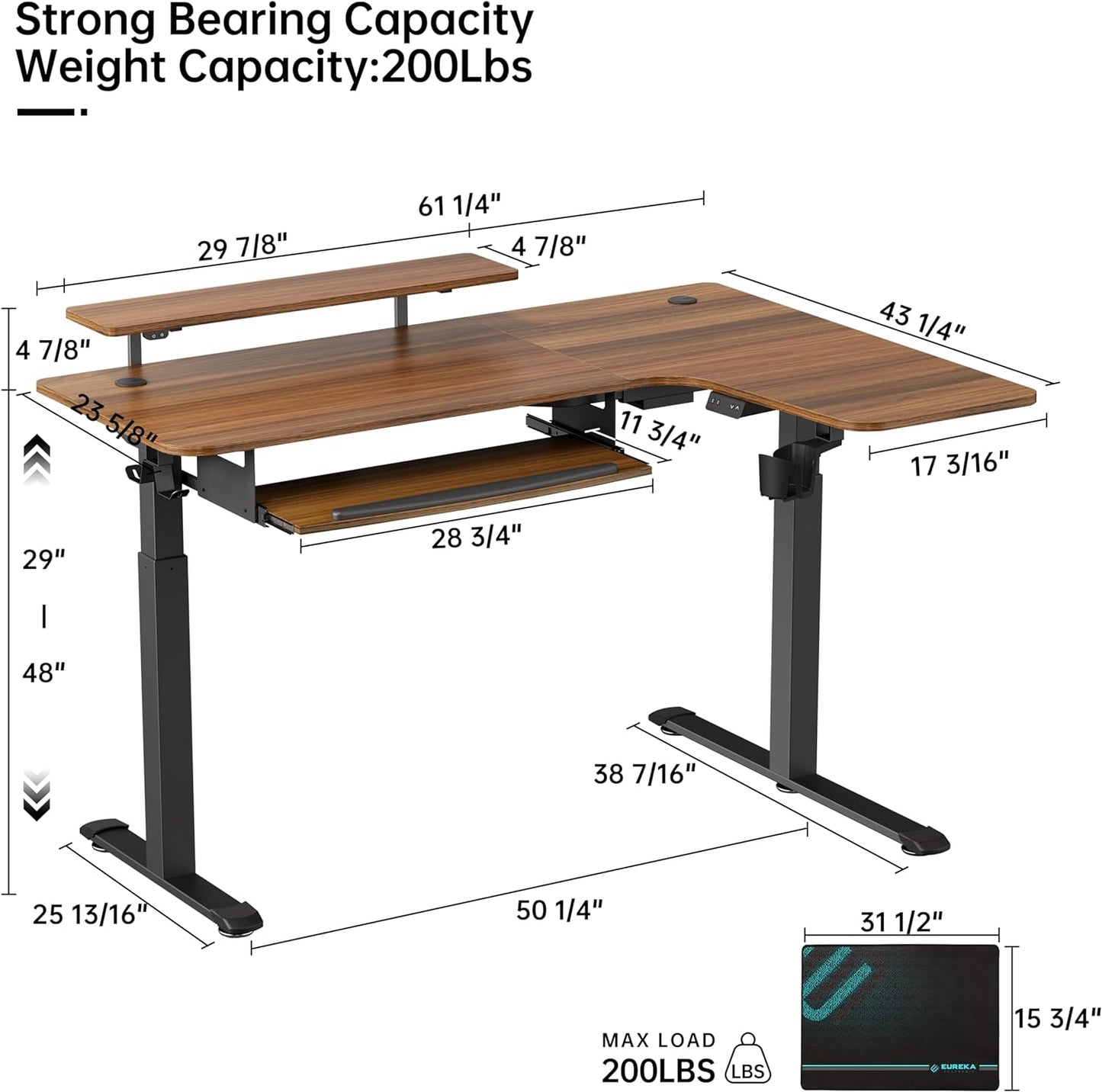 Standing Desk Electric Adjustable Height (61"X43") Computer Desk with Keyboard Tray Sit Stand Desk L Shaped Desk for Work/Home Office,Dual Motor,Memory Presets,2 Usb/Rgb,Walnut/Right