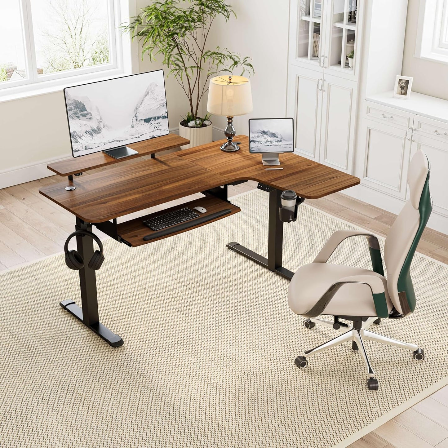 Standing Desk Electric Adjustable Height (61"X43") Computer Desk with Keyboard Tray Sit Stand Desk L Shaped Desk for Work/Home Office,Dual Motor,Memory Presets,2 Usb/Rgb,Walnut/Right