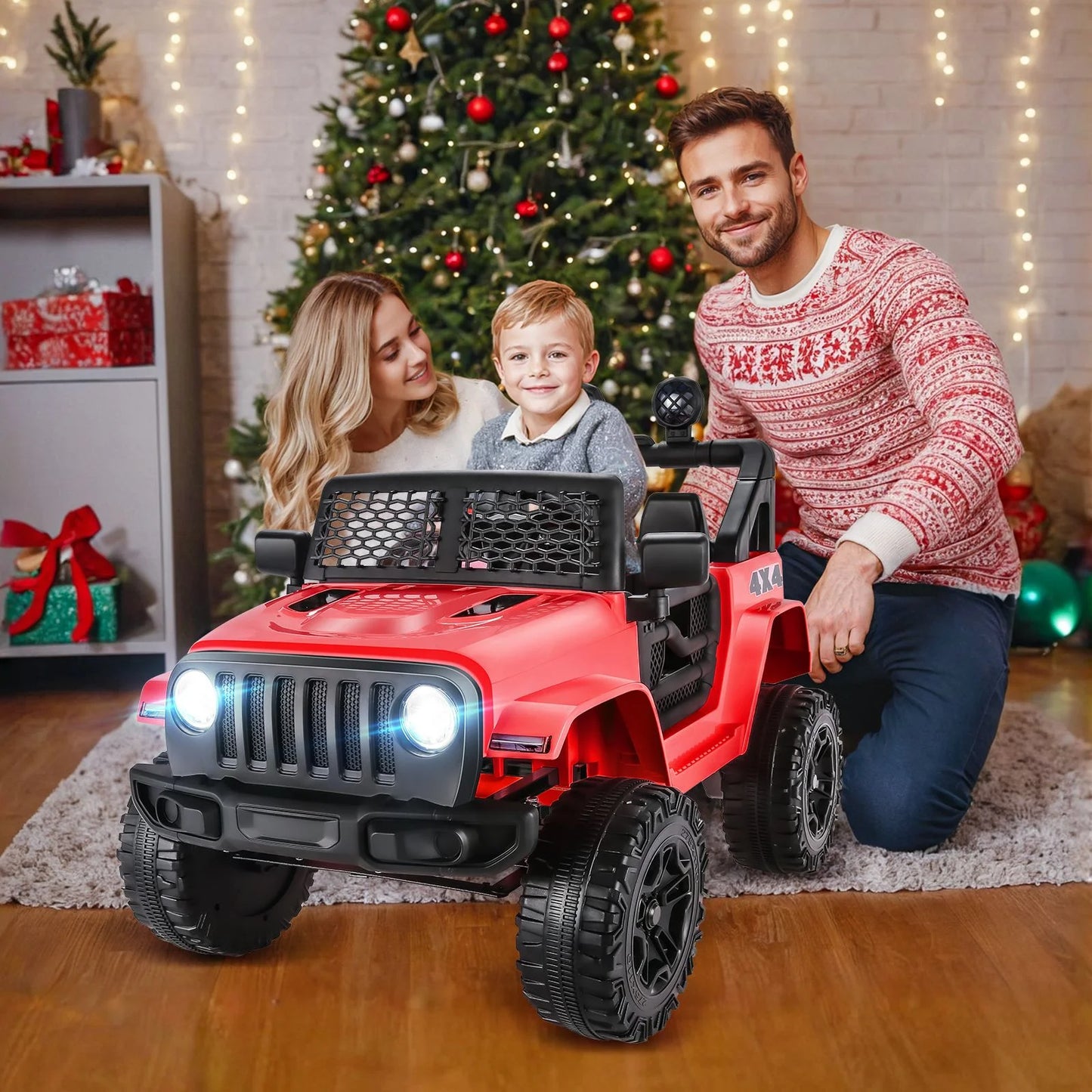 12V 7AH Kids Powered Ride on Truck Car with Parent Remote Control, Bluetooth Music, Spring Suspension, LED Lights - Red