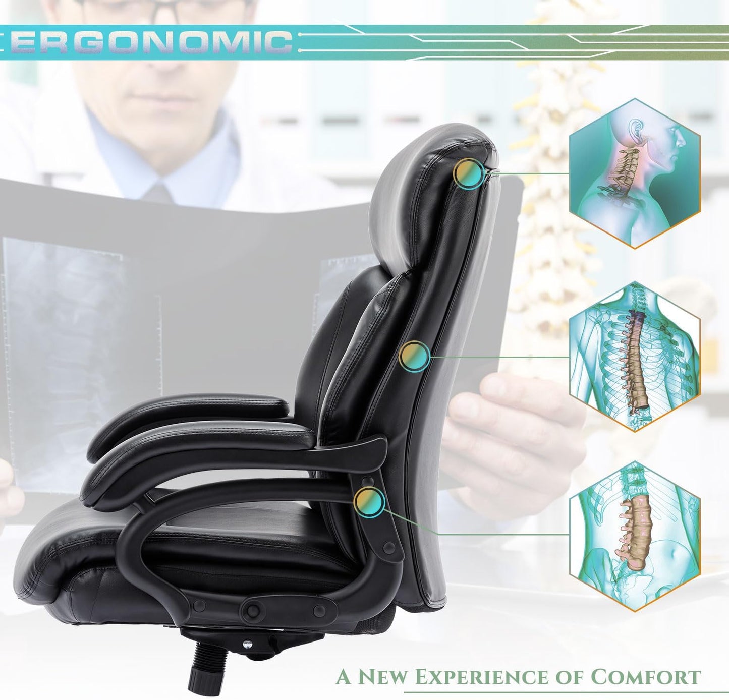 Big and Tall Office Chair 400Lbs-Heavy Duty Executive Desk Chair with Extra Wide Seat, High Back Ergonomic Leather Computer Chair with Tilt Rock&Tension, Padded Armrests-Black