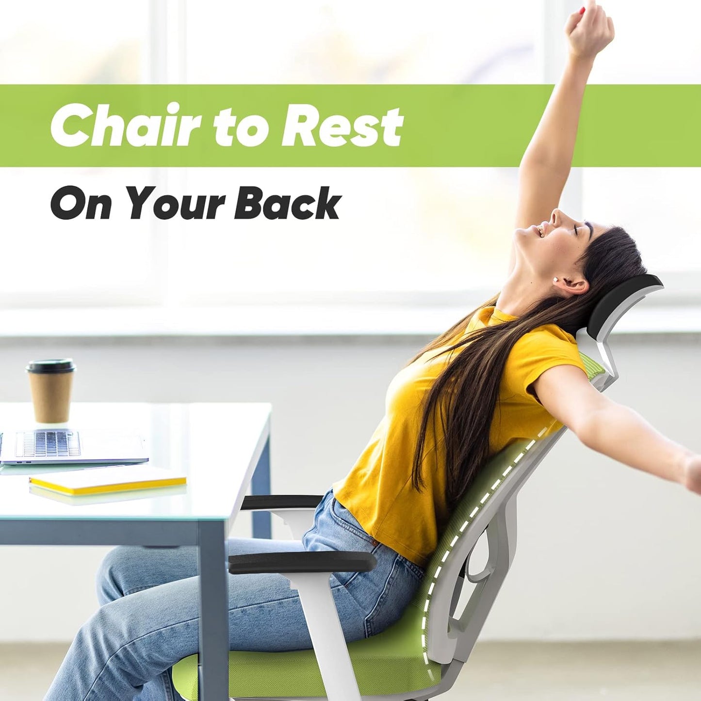 Ergonomic Office Chair, Home Office Desk Chairs Flip up Arms with Wheels Adjustable Armrest Mesh High Back Lumbar Headrest Support for Adults Green Comfy Swivel Big Tall Executive, Green
