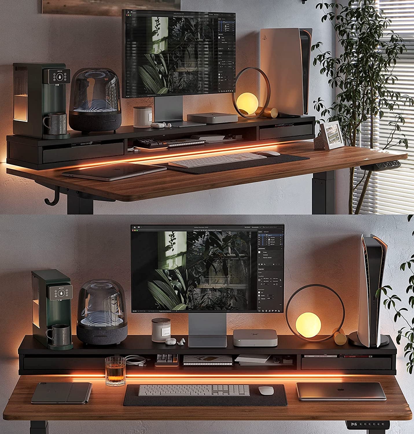 48 X 24 Inch Height Adjustable Electric Standing Desk with Double Drawers, Stand up Desk with LED Strips, Sit Stand Desk with Monitor Stand, Black Walnut