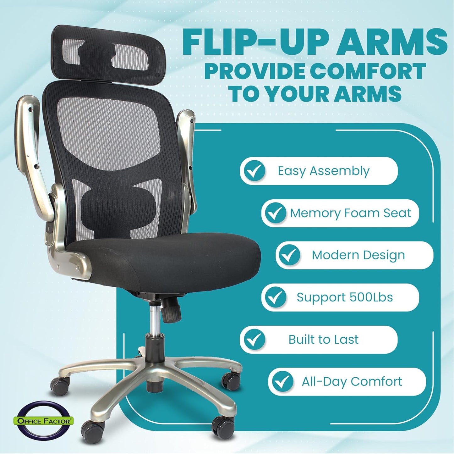 500 Lbs Rated Ergonomic Big and Tall, Flip-Up Arms, Mesh Swivel Office Chair with anti Scratch Wheels, Mesh Executive Chair (Black with Headrest)