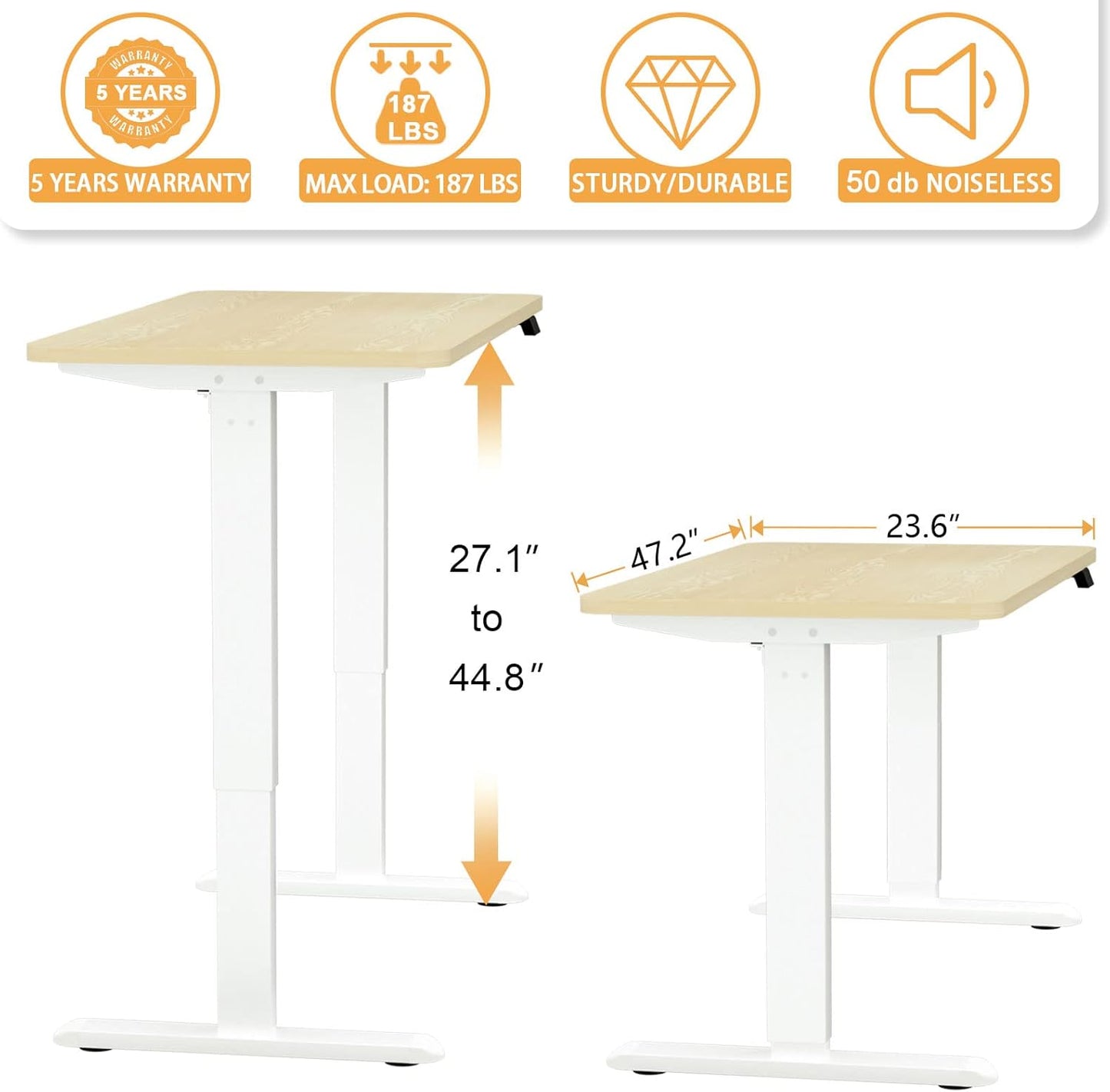 Height Adjustable Electric Standing Desk - 47 X 24 Inch Whole Piece Top Sit Stand Desk Computer Desk - Stand up Desk for Home Office (White Frame + Wood Grain Top)