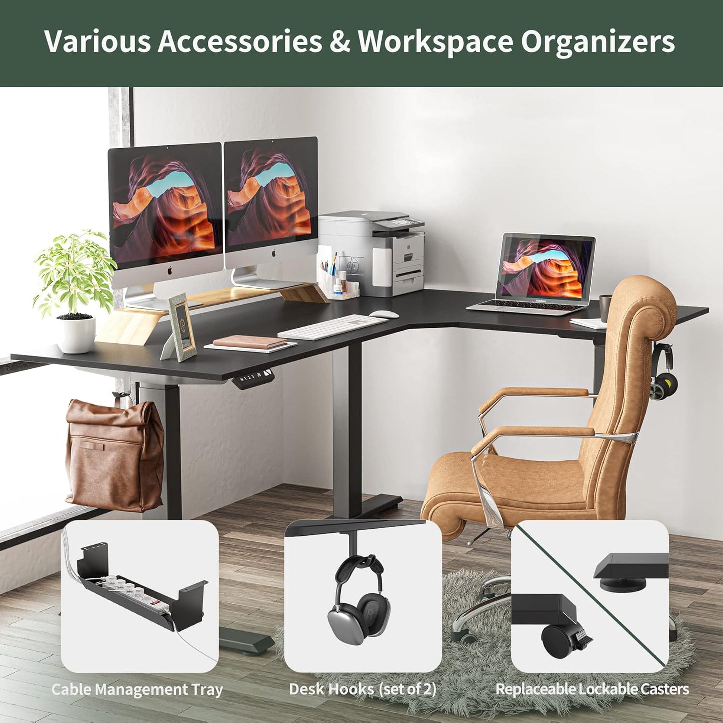 Triple Motor L-Shaped Electric Standing Desk, 63 Inches Height Adjustable Stand up Corner Desk, Sit Stand Workstation with Splice Board, Black Top/Black Frame