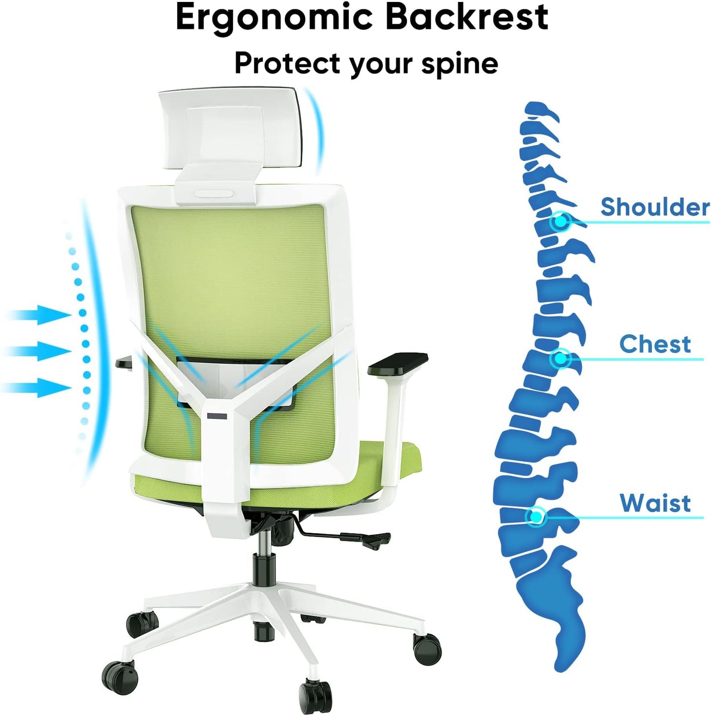 Ergonomic Office Chair, Home Office Desk Chairs Flip up Arms with Wheels Adjustable Armrest Mesh High Back Lumbar Headrest Support for Adults Green Comfy Swivel Big Tall Executive, Green