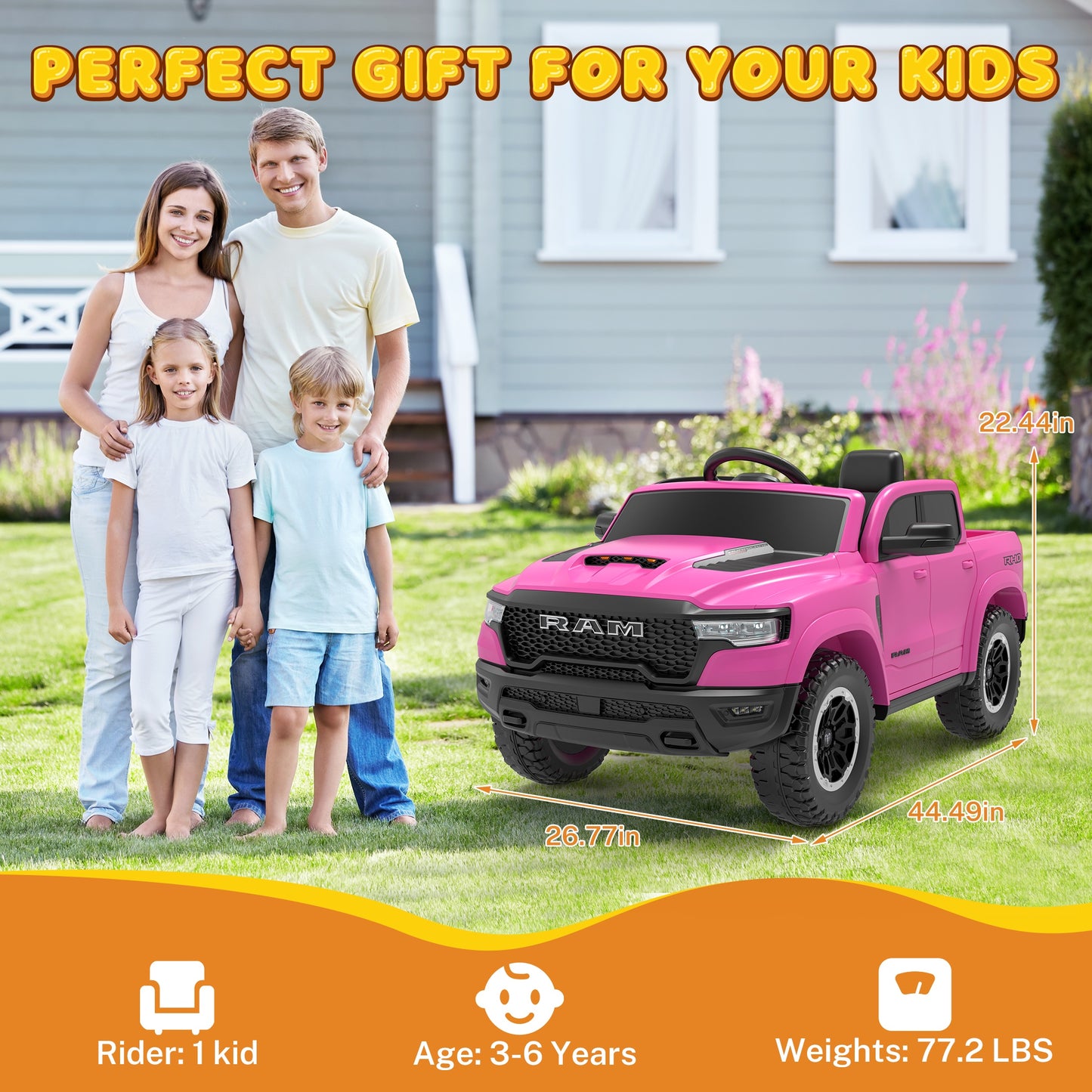 RAM Ride on Car, 12V Powered Ride on Toy with Remote Control, 4 Wheel Suspension, 5 Point Safety Belt, MP3 Player, Bluetooth, LED Lights, Electric Cars for 3-8 Years Boys Girls