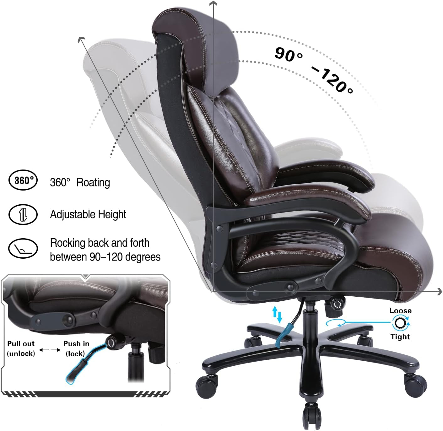 Big and Tall Office Chair 400 Lbs - Executive Leather Swivel Chair with Arms, High Back Desk Chair with Adjustable Lumbar Support Heavy Duty Metal Base, Office Chairs for Heavy People (Brown)