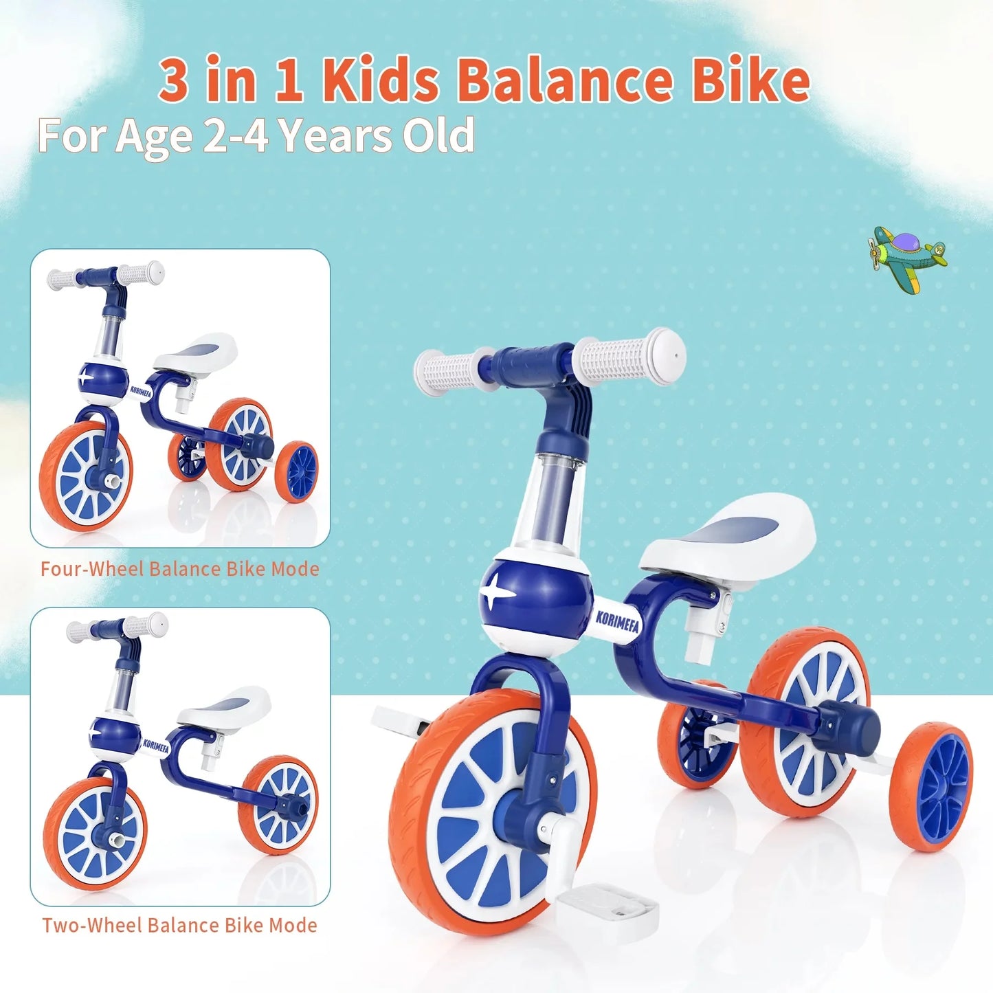 3 in 1 Toddler Bike for 1-4 Years Old Boy Girl Toddler Tricycle Kids Trikes for Toddler Tricycles Baby Bike Infant Trike, Blue