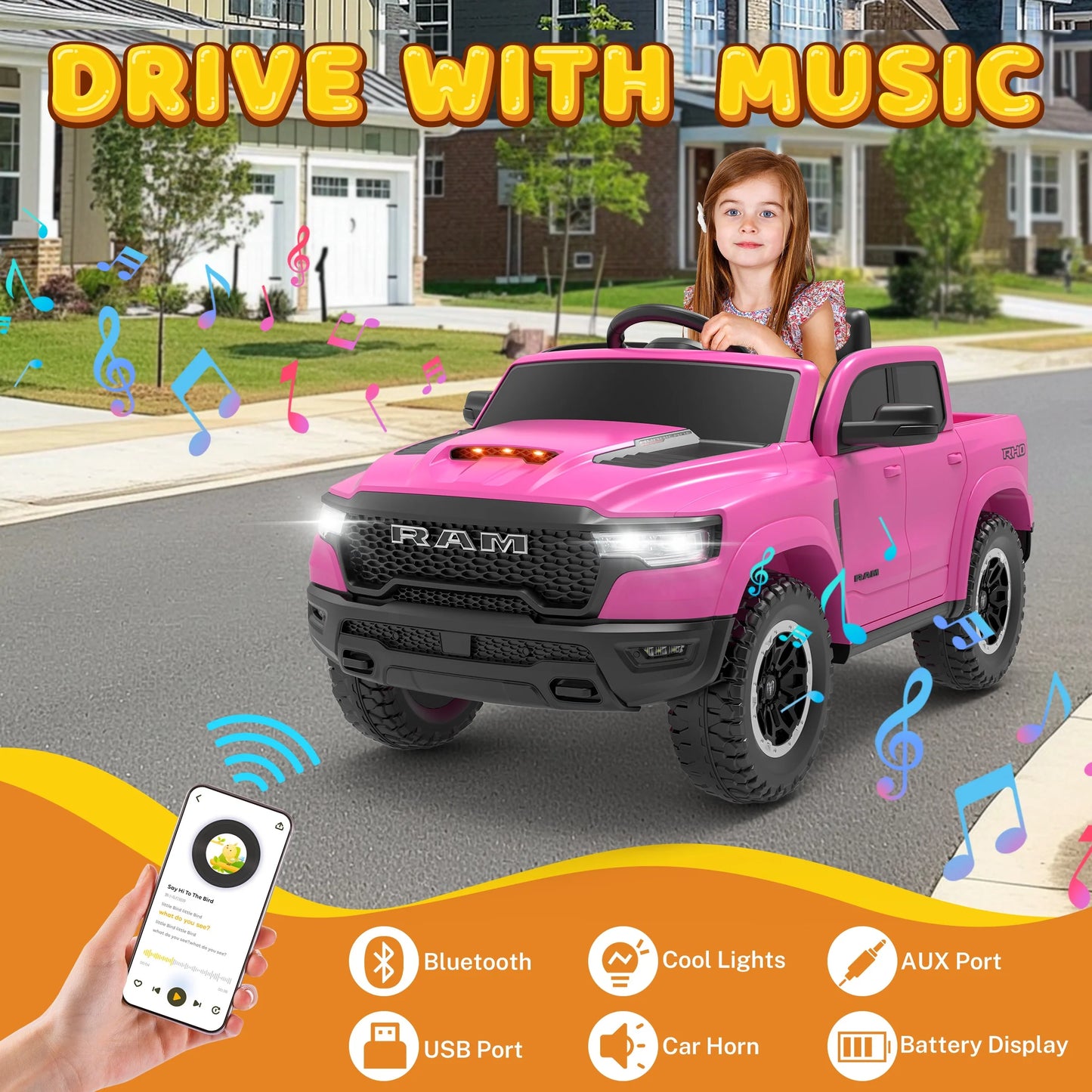 RAM Ride on Car, 12V Powered Ride on Toy with Remote Control, 4 Wheel Suspension, 5 Point Safety Belt, MP3 Player, Bluetooth, LED Lights, Electric Cars for 3-8 Years Boys Girls