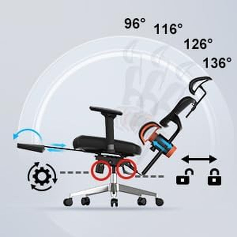 Ergonomic Mesh Office Chair with Adaptive Lumbar Support | High Back Computer Desk Chair with Footrest | Adjustable Arms Headrest Backrest | Tilt Function 4D Armrest Recliner for Home Office…