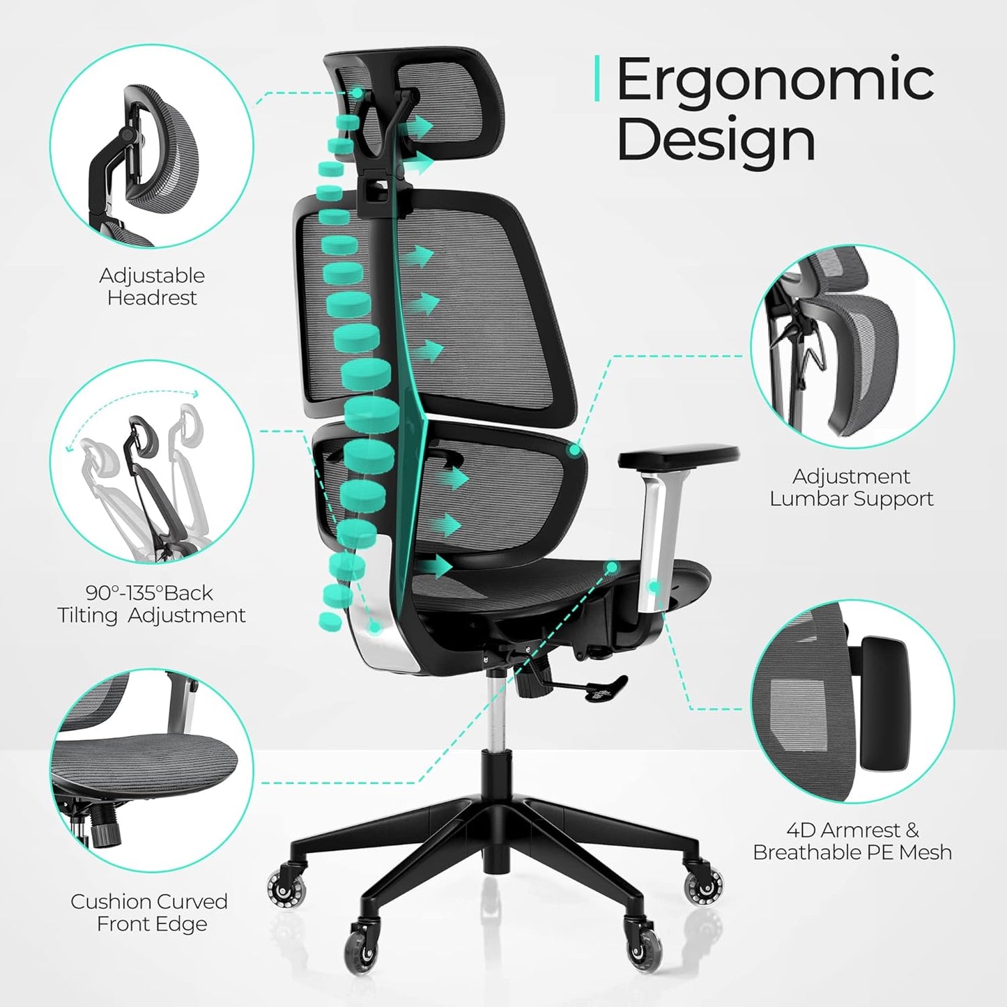 High-Back Office Chair, Swivel Ergonomic Task Chair with Adjustable Headrest and Arms, Lumbar Support and PU Wheels, Computer Mesh Chair for Home Office, Grey