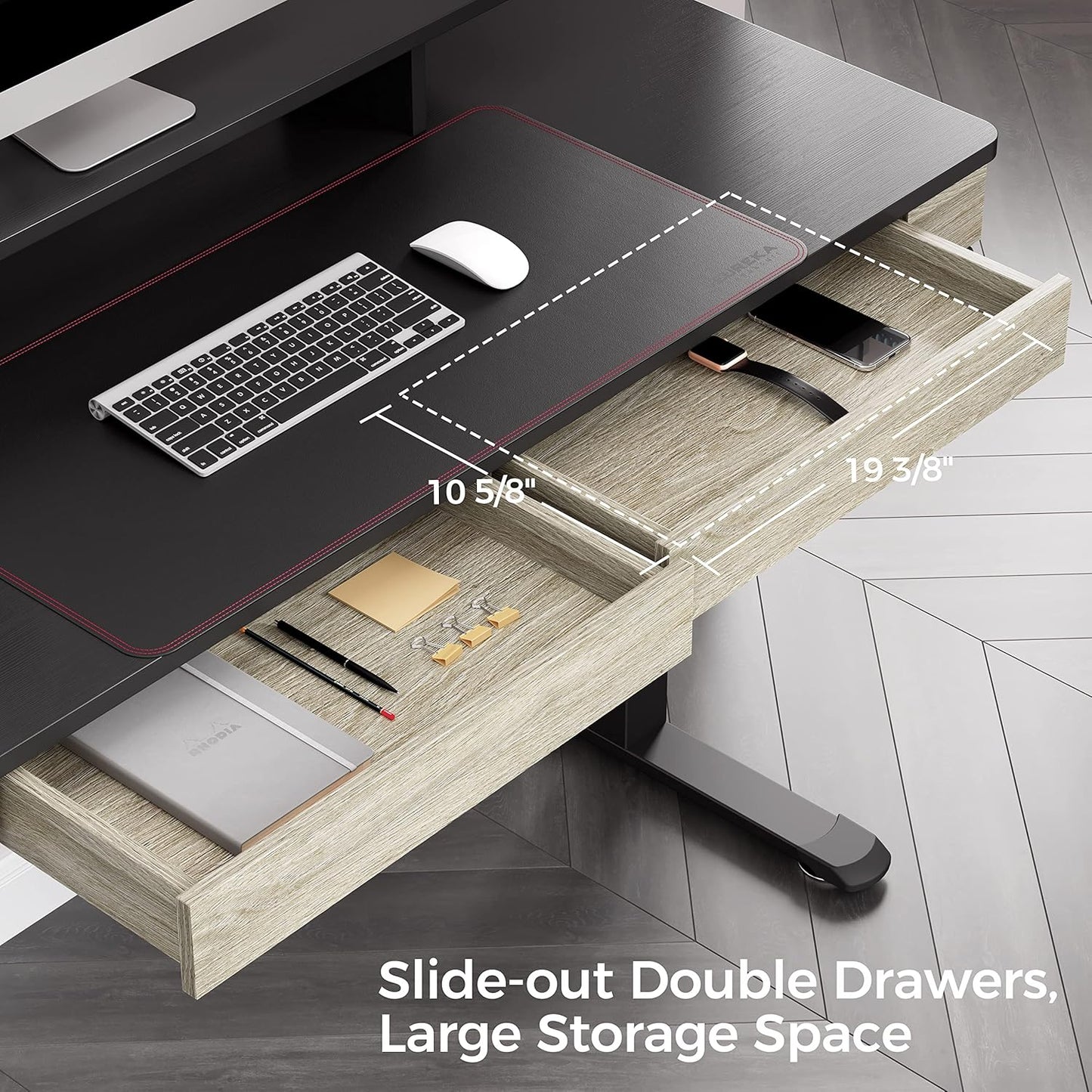 Electric Standing Desk with Drawers, 55 Inch Dual Motor Height Adjustable Stand up Desk for Home Office with Built-In Outlet, Wireless Charger, USB Port, Oak Grey