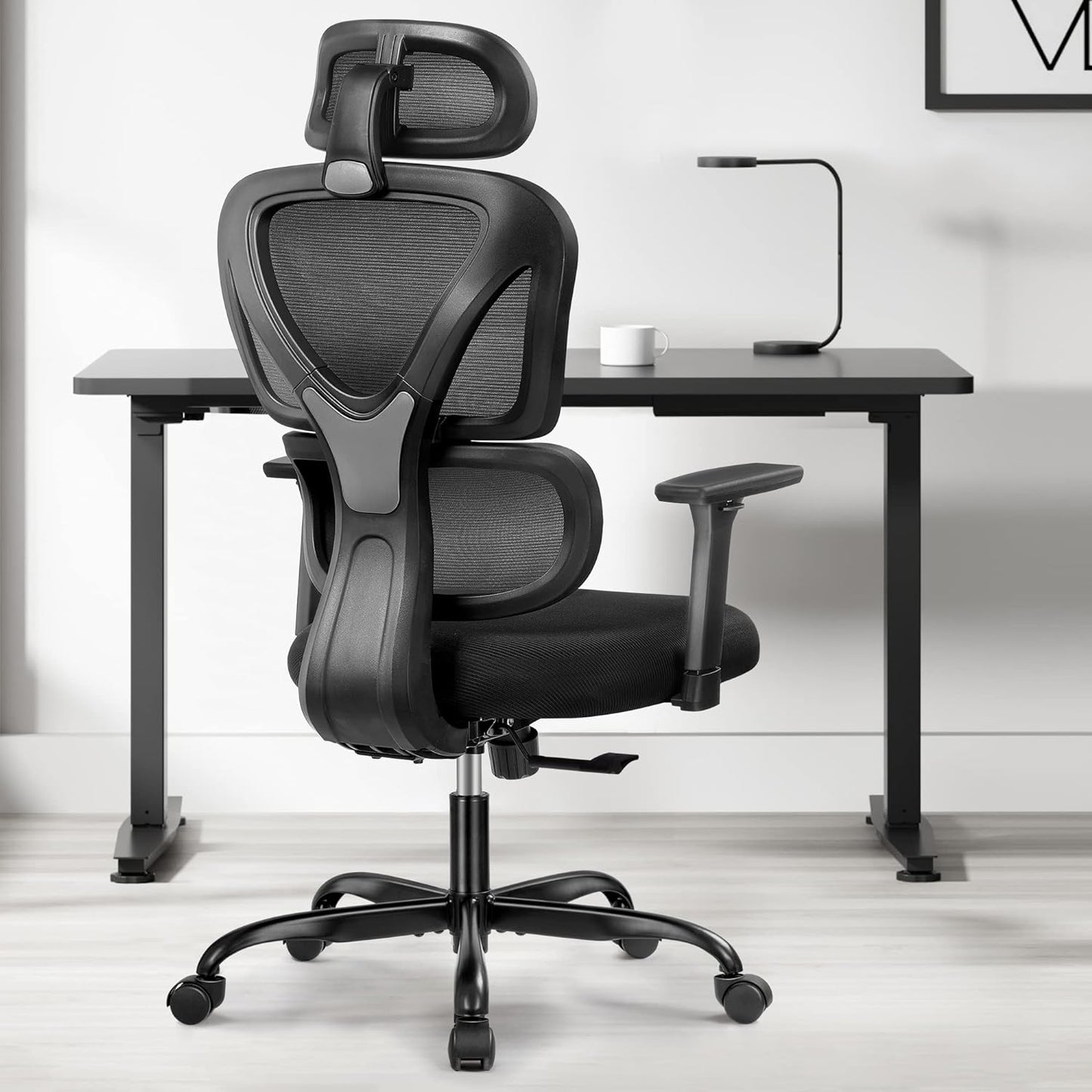 Ergonomic Office Chair, Home Desk Chair, Comfy Breathable Mesh Task High Back Thick Cushion Computer Chair with Headrest and 3D Armrests, Adjustable Height Home Gaming Chair (Black)