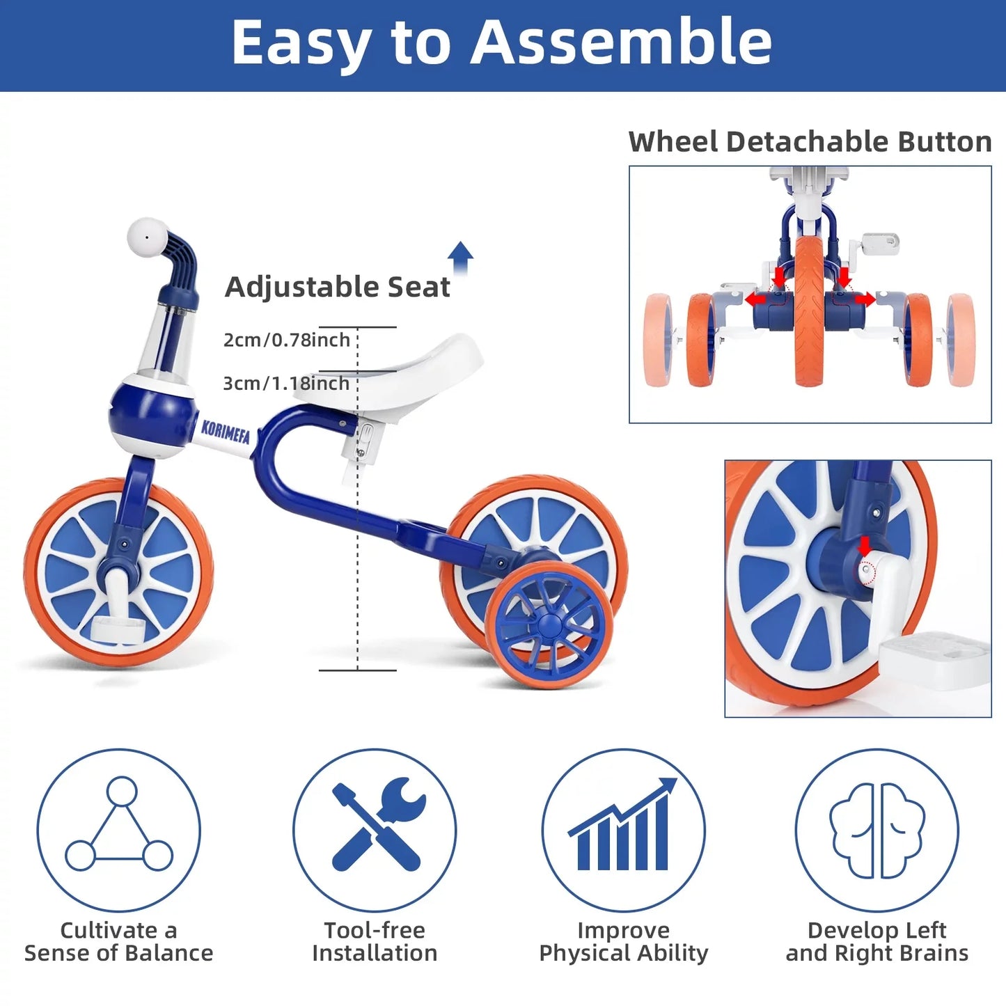 3 in 1 Toddler Bike for 1-4 Years Old Boy Girl Toddler Tricycle Kids Trikes for Toddler Tricycles Baby Bike Infant Trike, Blue