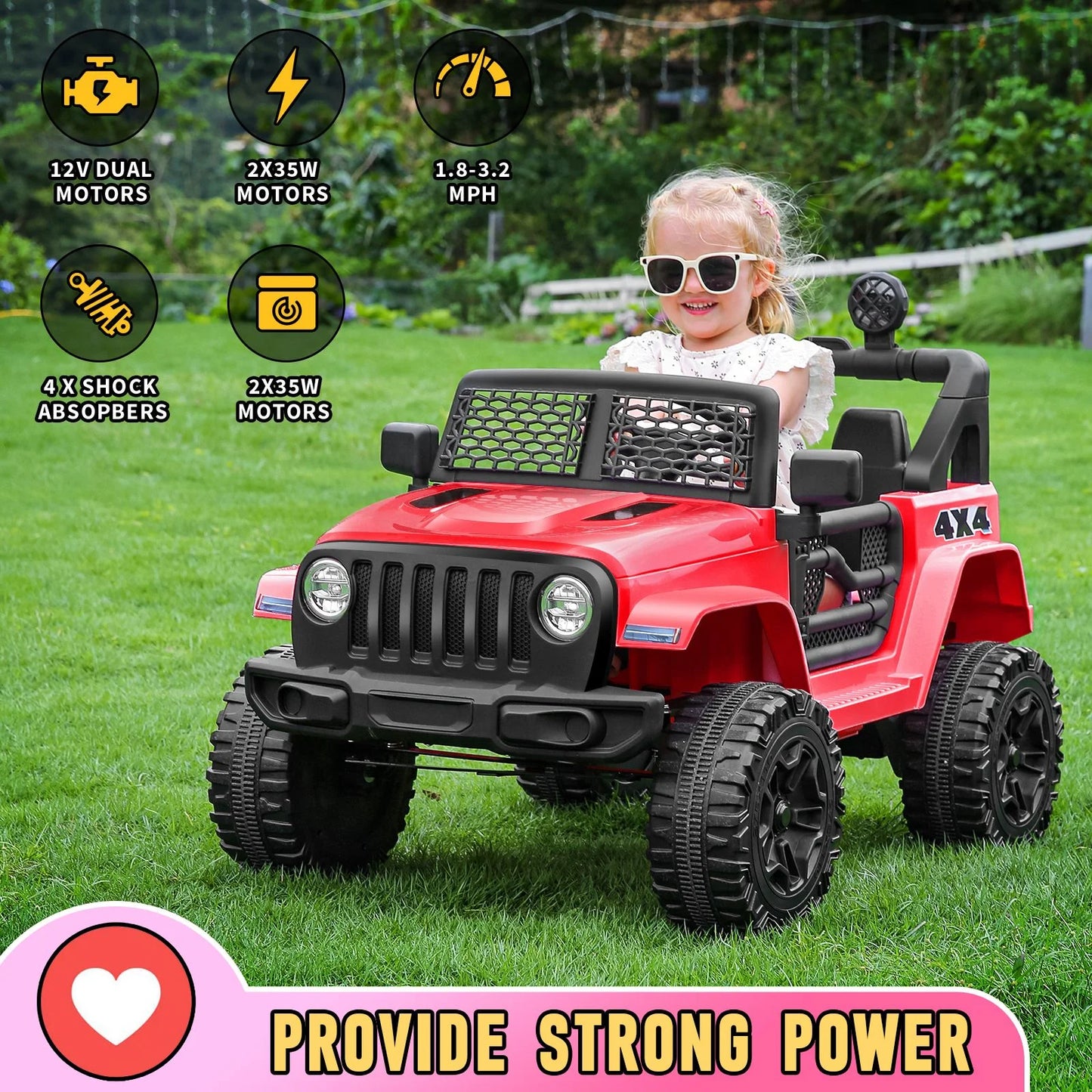 12V 7AH Kids Powered Ride on Truck Car with Parent Remote Control, Bluetooth Music, Spring Suspension, LED Lights - Red