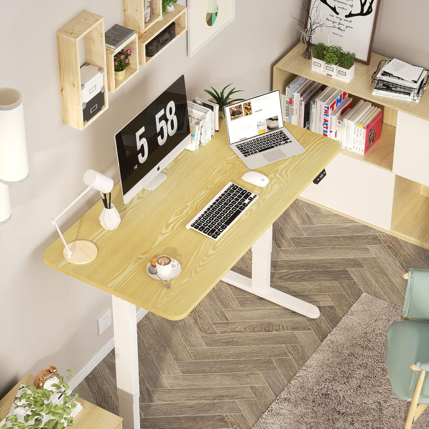 Height Adjustable Electric Standing Desk - 47 X 24 Inch Whole Piece Top Sit Stand Desk Computer Desk - Stand up Desk for Home Office (White Frame + Wood Grain Top)
