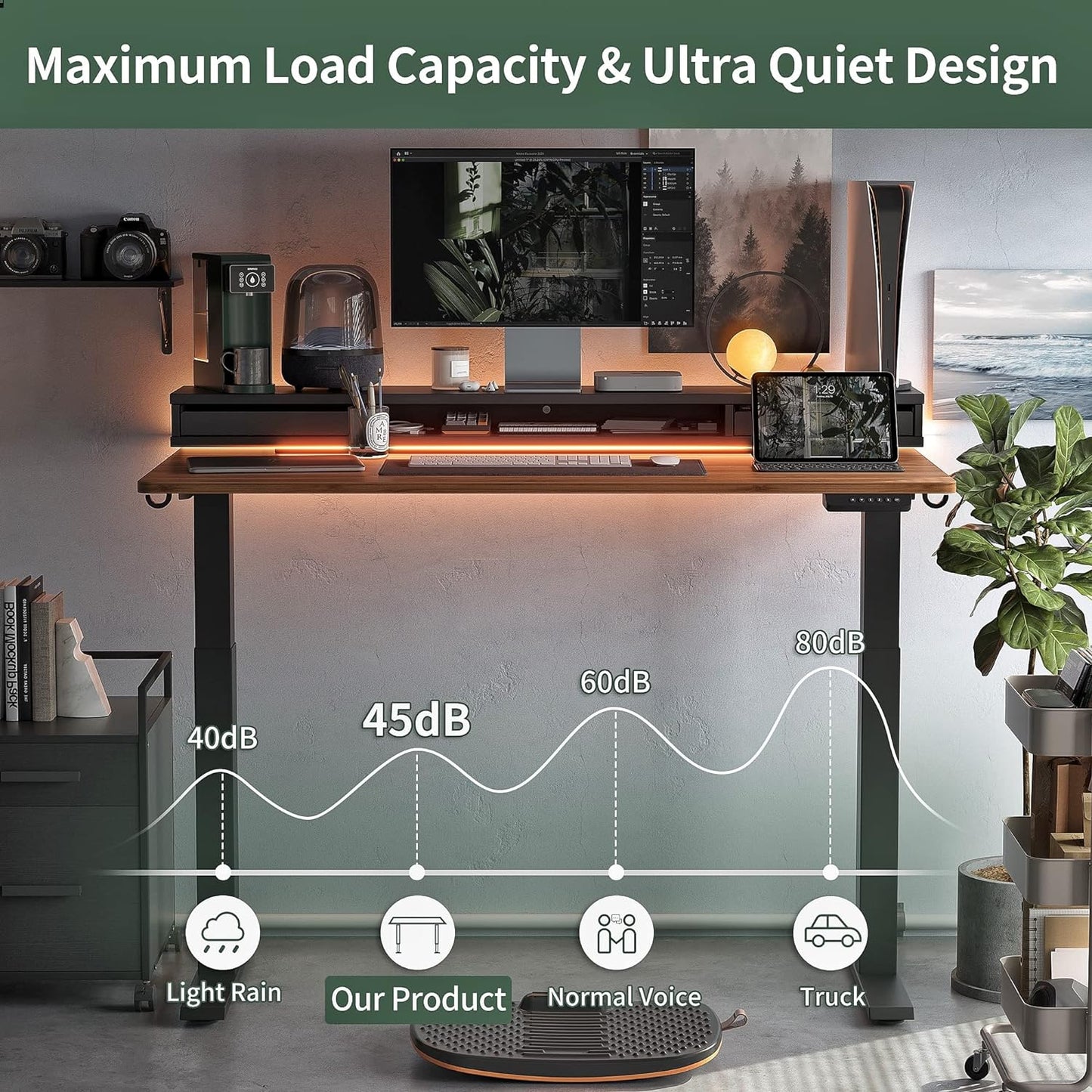 55 X 24 Inch Height Adjustable Electric Standing Desk with Double Drawers, Stand up Desk with LED Strips, Sit Stand Desk with Monitor Stand, Black Walnut