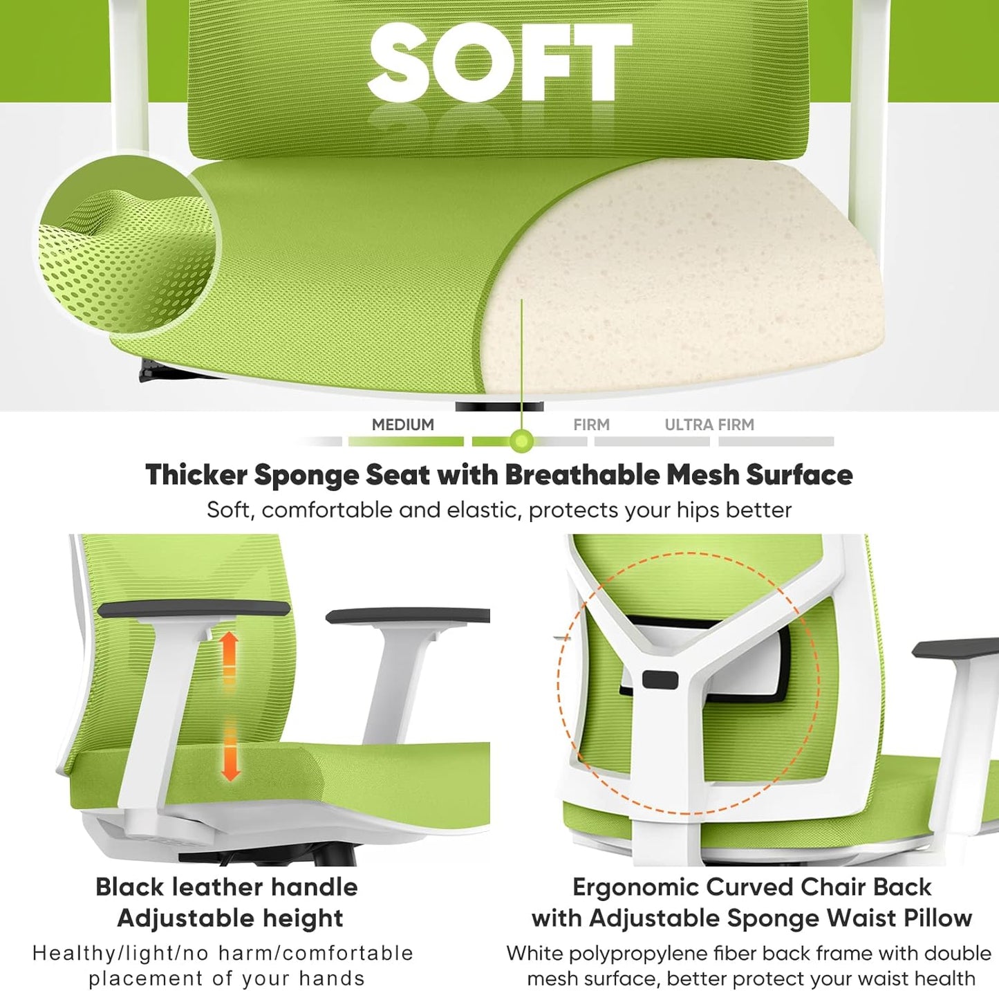 Ergonomic Office Chair, Home Office Desk Chairs Flip up Arms with Wheels Adjustable Armrest Mesh High Back Lumbar Headrest Support for Adults Green Comfy Swivel Big Tall Executive, Green