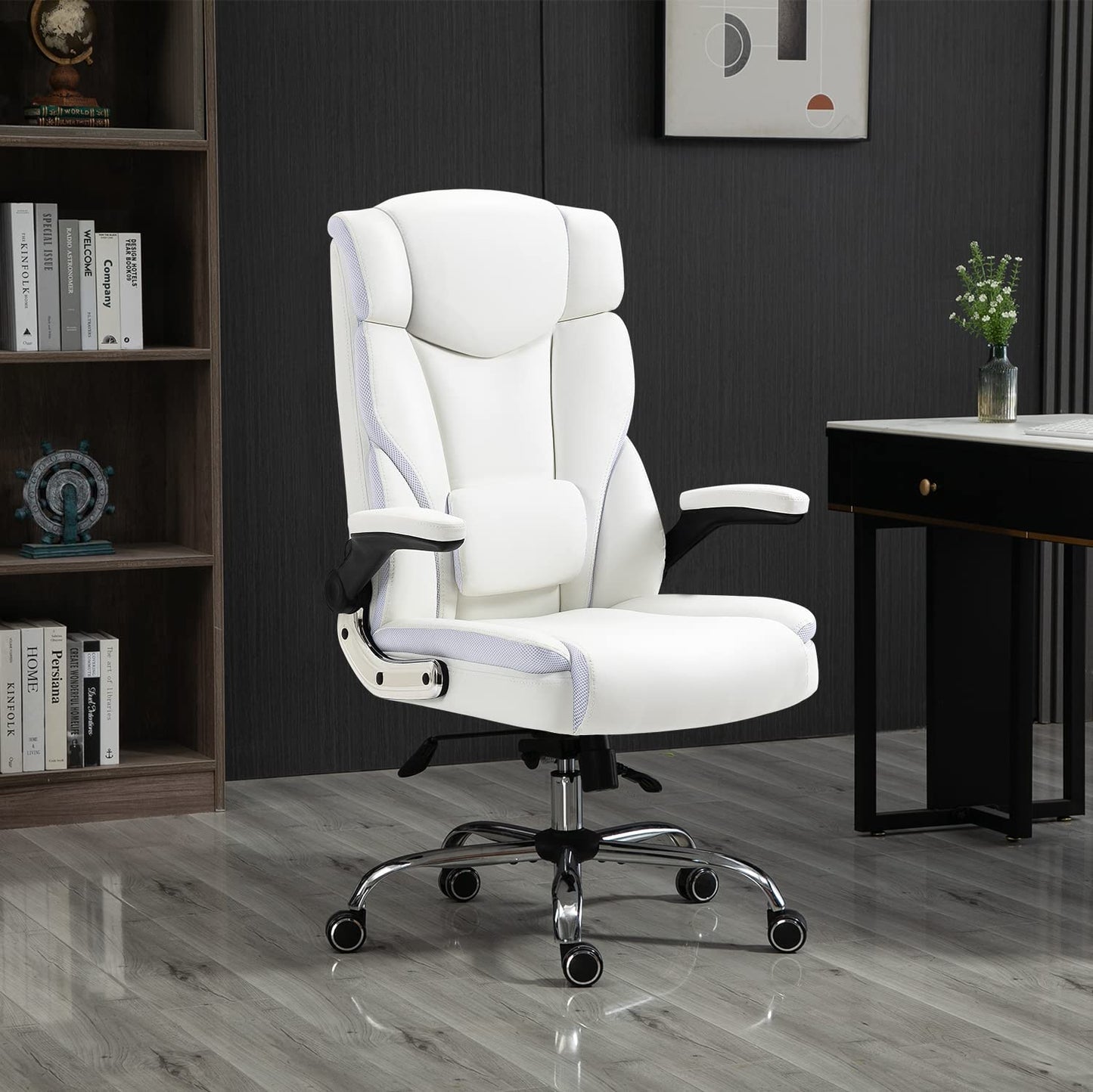 Ergonomic Executive Office Chair High Back PU Leather Computer Desk Chairs with Wheels and Flip-Up Arms, Adjustable Headrest, Tilt and Lumbar Support, White