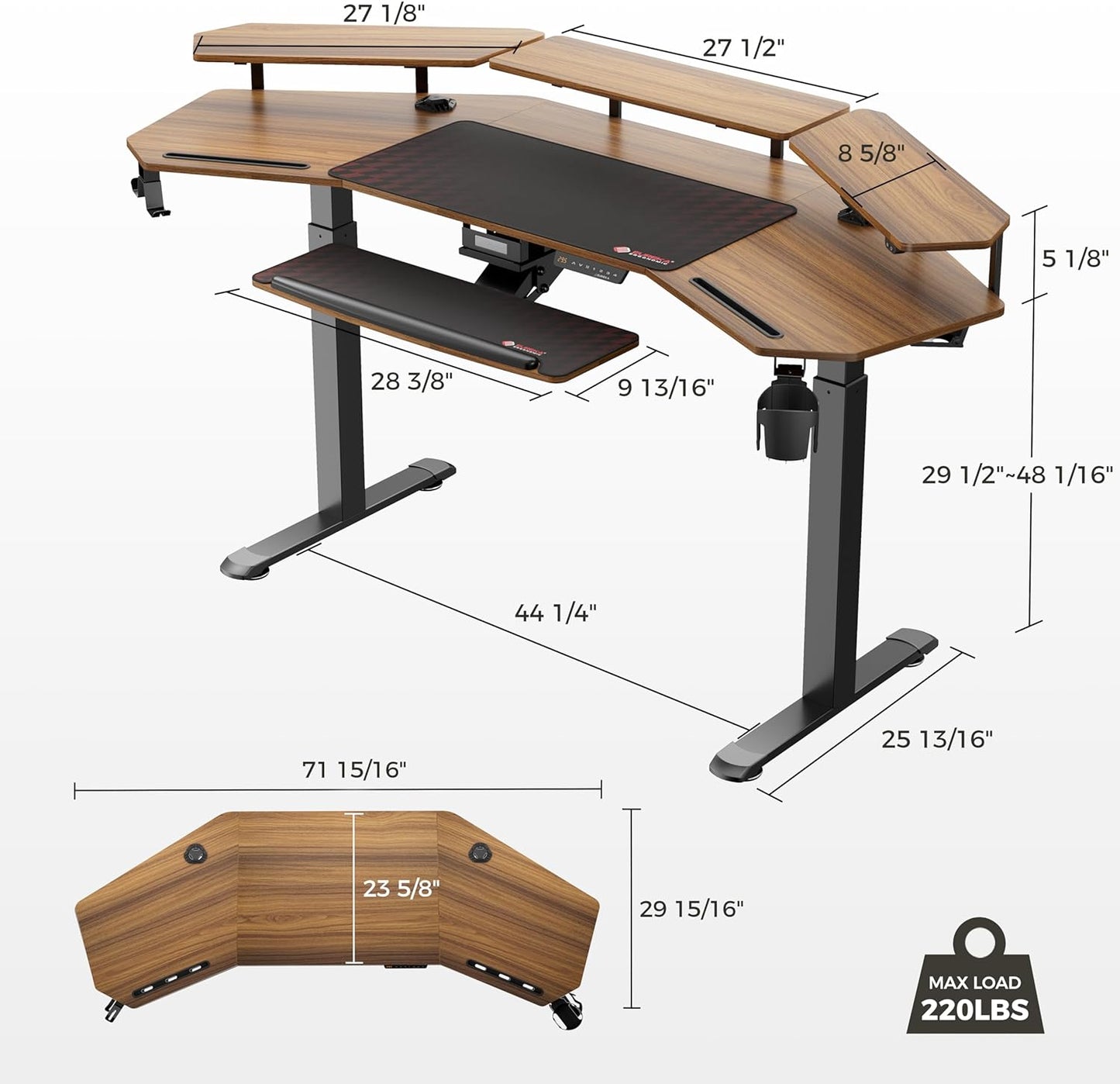 Standing Desk Electric Adjustable Height Desk, Computer Desk W Keyboard Tray 72" Gaming Desk Music Studio Desk Sit Stand up Desk LED Monitor Stand,Dual Motor,Slot Design,Walnut