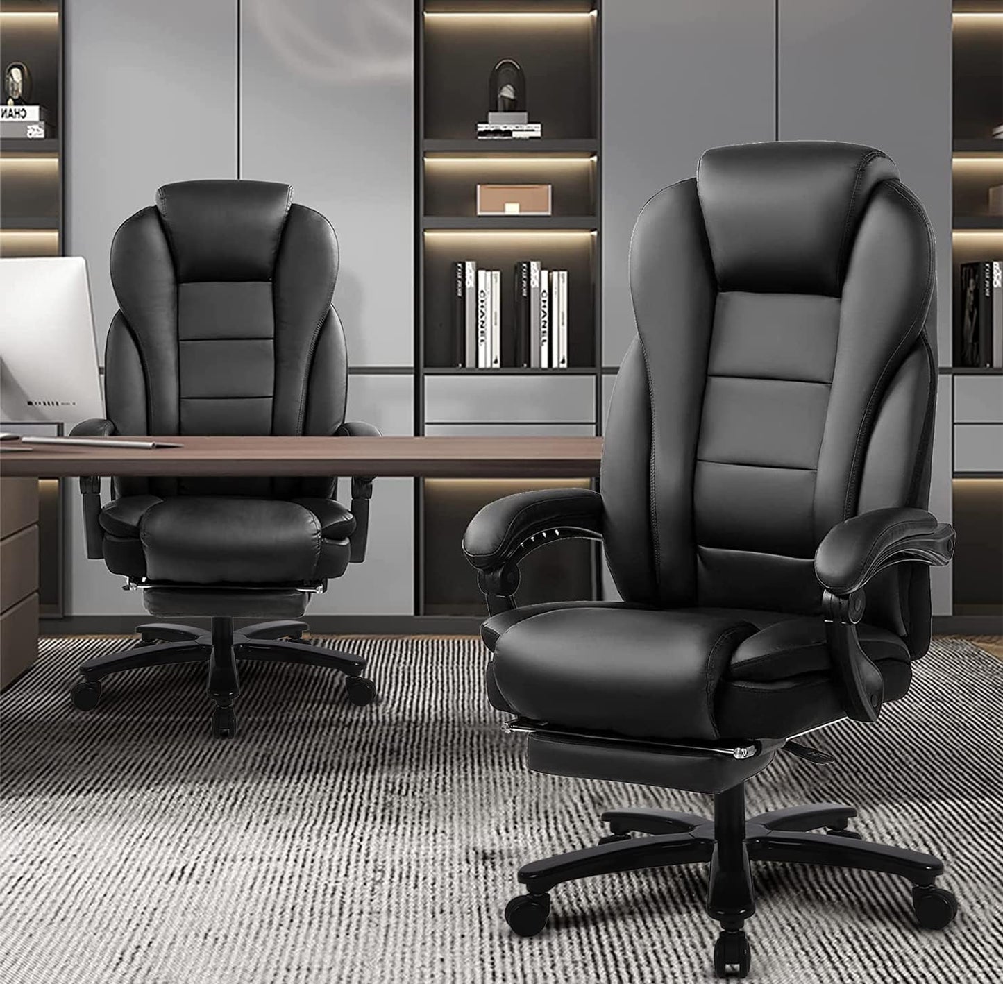 Big and Tall High Back 400LBS Reclining Office Chair with Footrest - Executive Computer Chair Home Office Desk Chair Heavy Duty Metal Base, Ergonomic Support Function Black