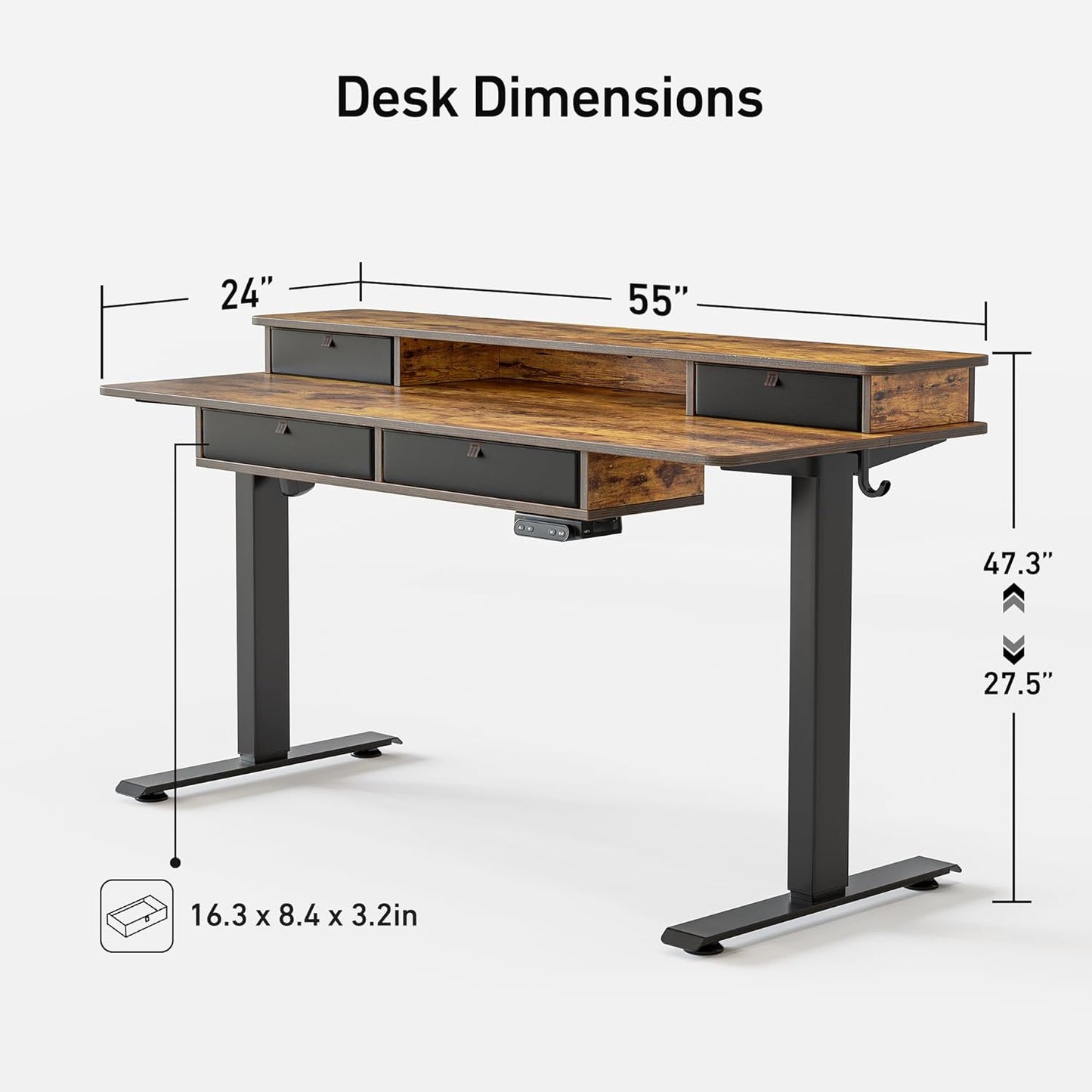 55 X 24 Electric Standing Desk Adjustable Height with 4 Drawers, Sit Stand Desk with Storage Shelf, Rising Desk with Splice Board, Black Frame/Rustic Brown Top, 55 Inch