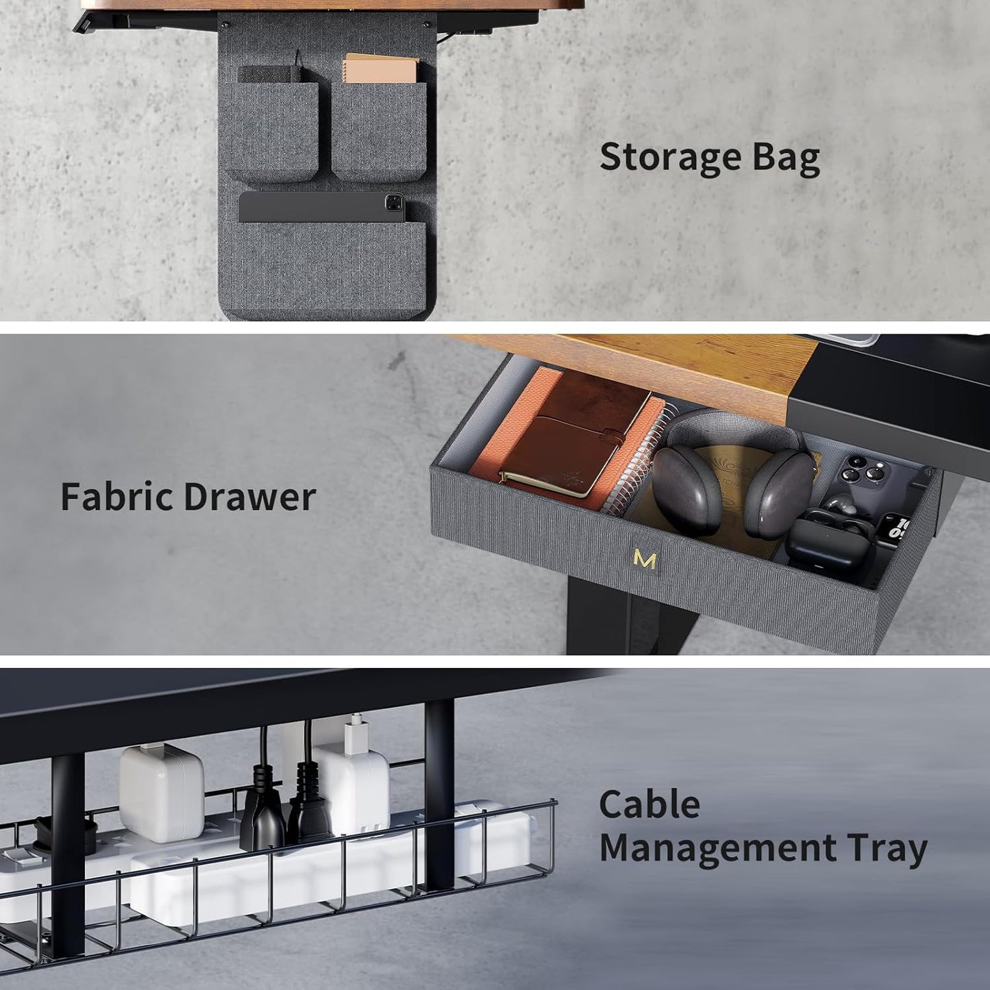 Standing Desk, Adjustable Height Electric Stand up Desk with Drawers, Storage Bag, Cable Management Tray, Ergonomic Computer Desk for Home Office, 55 X 28 Inches, Rustic Brown+Black Top