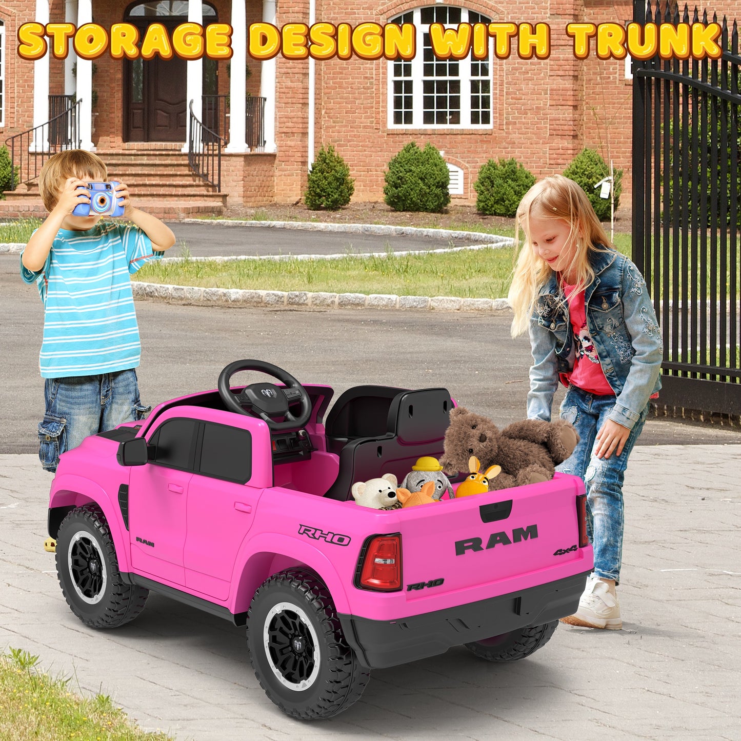 RAM Ride on Car, 12V Powered Ride on Toy with Remote Control, 4 Wheel Suspension, 5 Point Safety Belt, MP3 Player, Bluetooth, LED Lights, Electric Cars for 3-8 Years Boys Girls