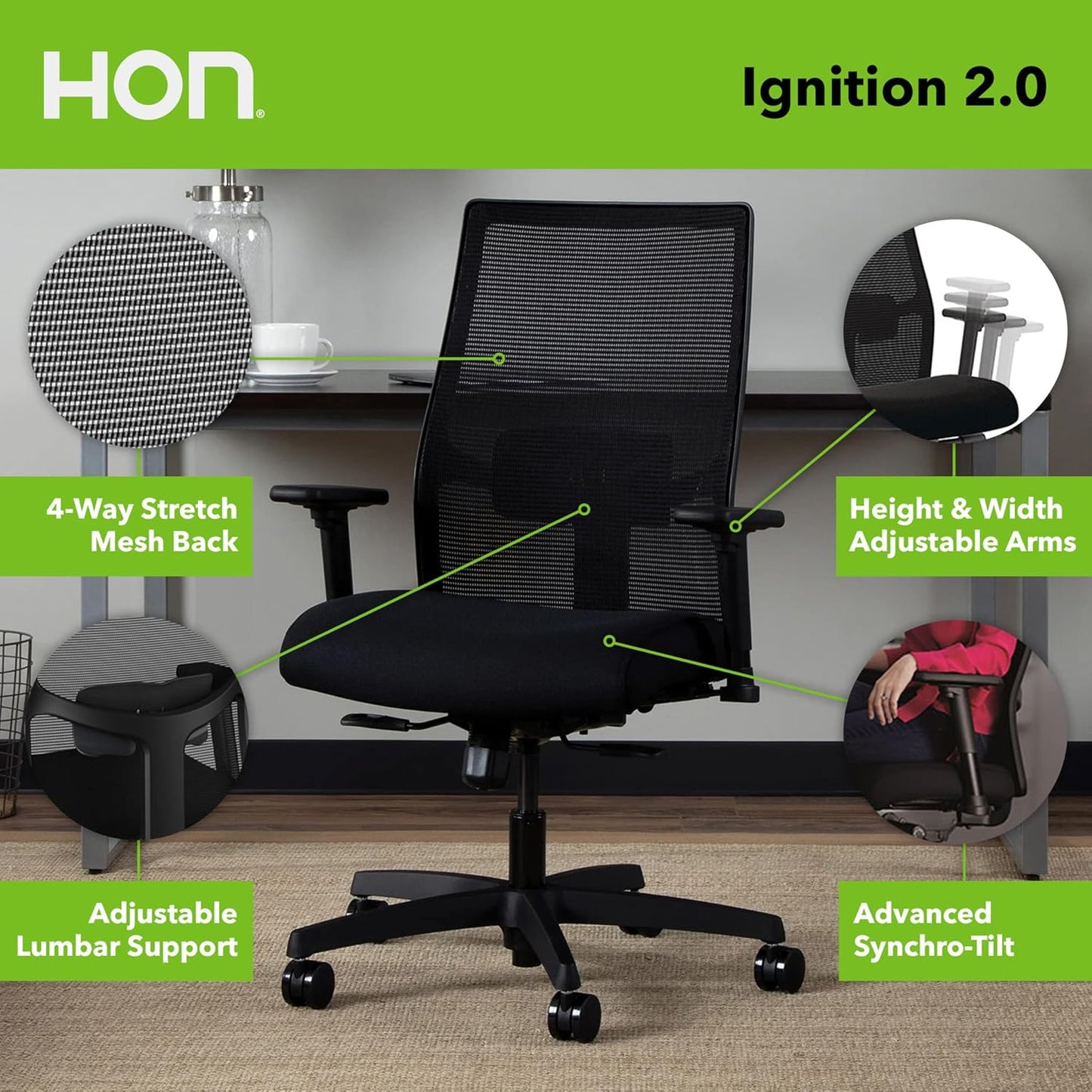 Office Chair Ignition 2.0 - Ergonomic Computer Desk Chair with Mesh Back, Seat-Slide, Syncro Tilt Recline, Adjustable Lumbar Support & Armrests, Comfortable Cushion, Swivel Rolling Wheels - Fog