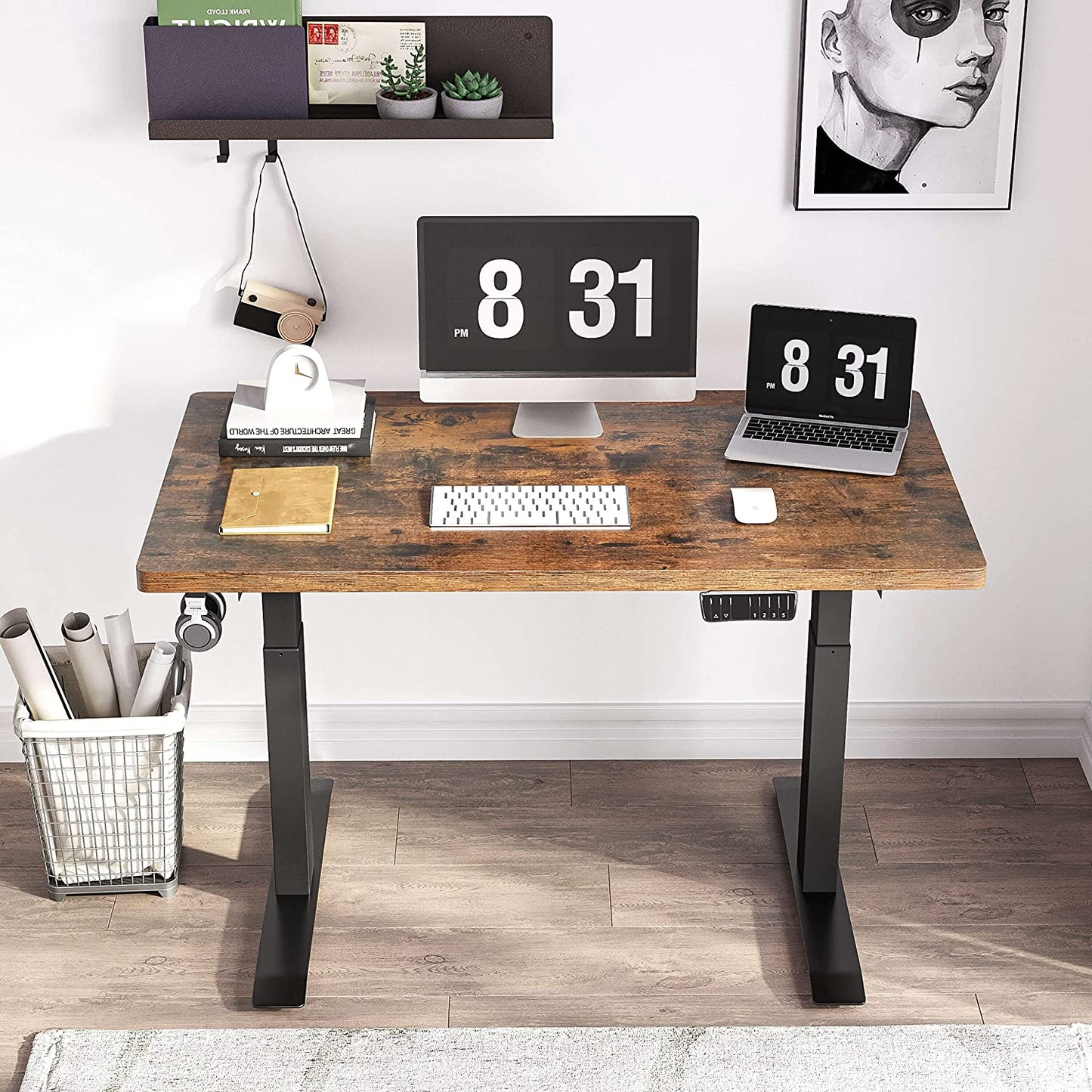 Dual Motor Standing Desk Height Adjustable Desk, 55 X 24 Inches Stand up Desk, Home Office Desk Sit Stand Desk with Splice Board, Black Frame/Rust Brown Top