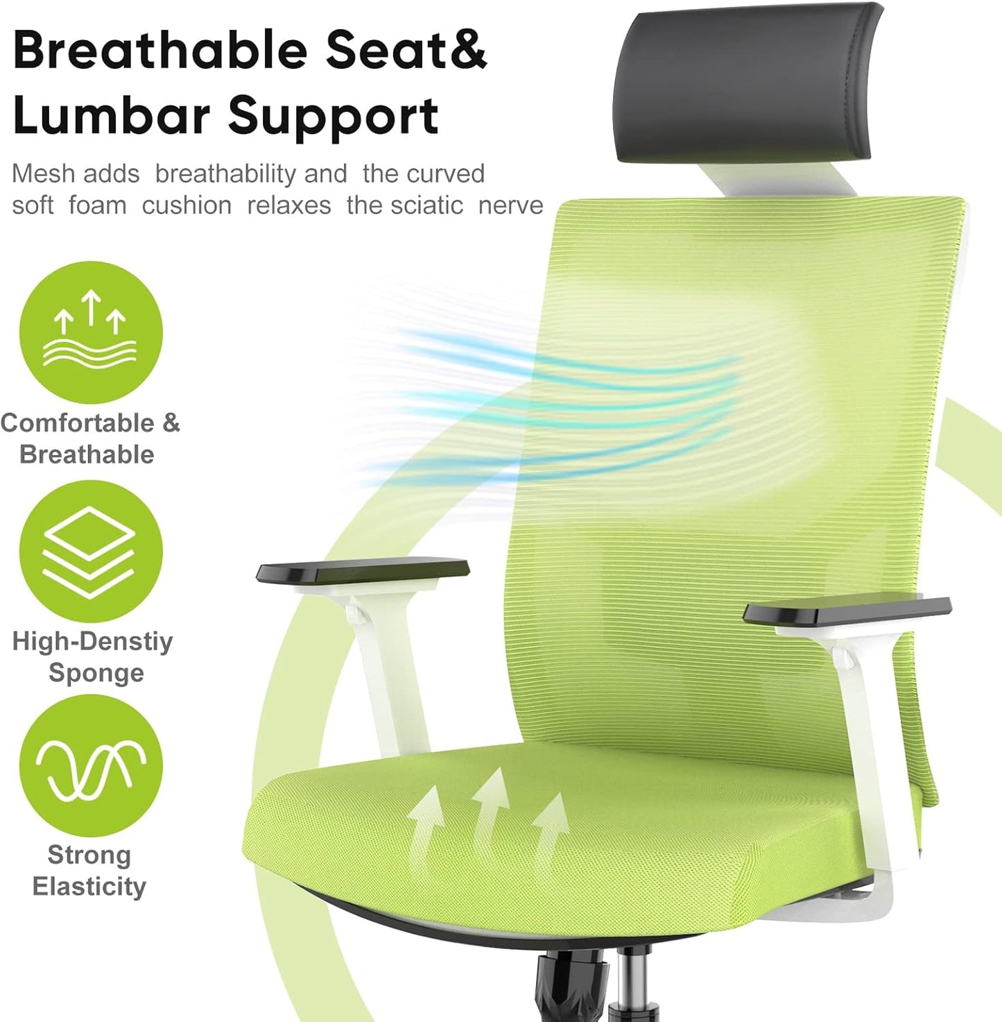 Ergonomic Office Chair, Home Office Desk Chairs Flip up Arms with Wheels Adjustable Armrest Mesh High Back Lumbar Headrest Support for Adults Green Comfy Swivel Big Tall Executive, Green